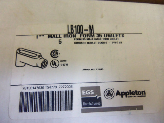 LOT OF 5 APPLETON LB100-M CONDUIT *NEW IN BOX*