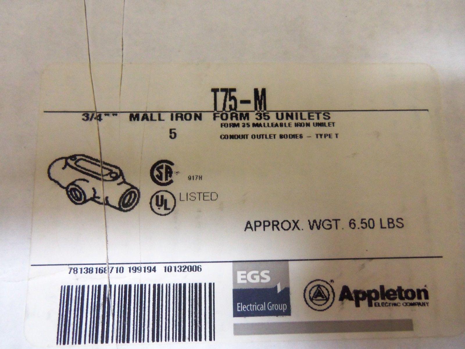 LOT OF 5 APPLETON T75-M CONDUIT *NEW IN BOX*