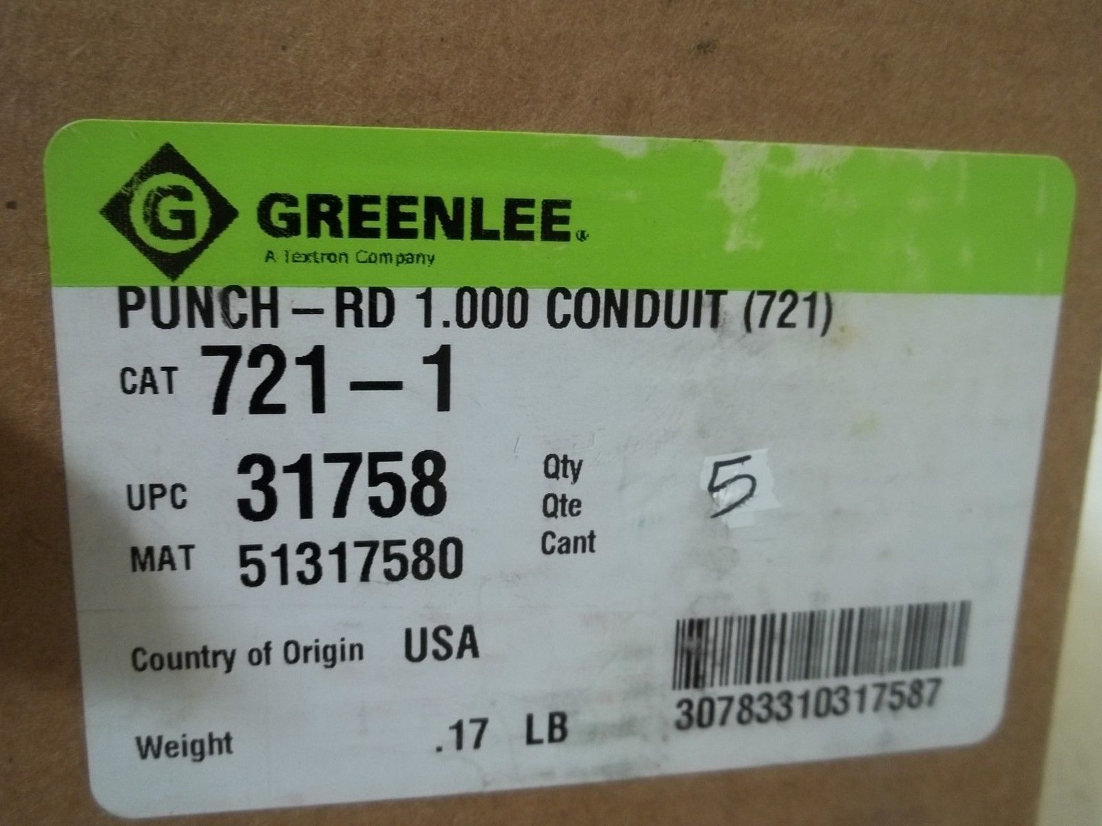 LOT OF 5 GREEENLEE 721-1 PUNCH-RD 1.000 CONDUIT *NEW IN BOX*