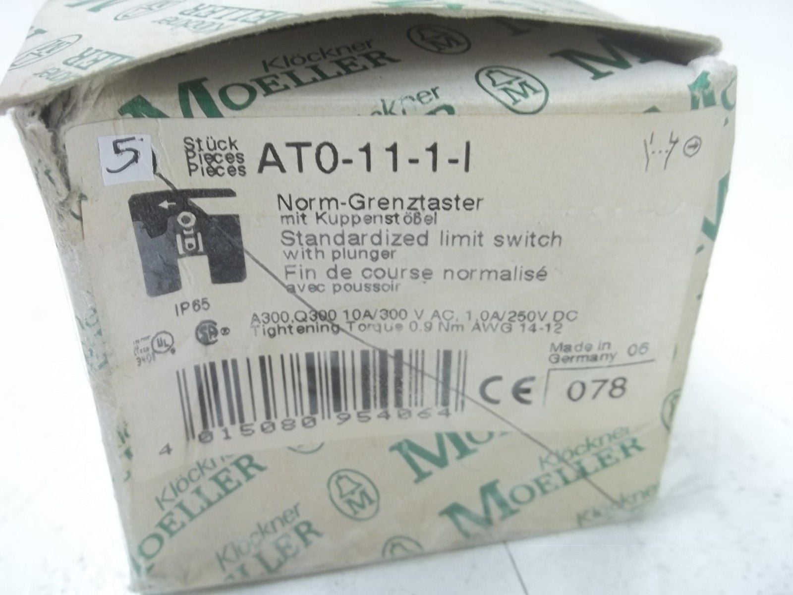 LOT OF 5 MOELLER AT0-11-1-I STANDARDIZED LIMIT SWITCH *NEW IN BOX*