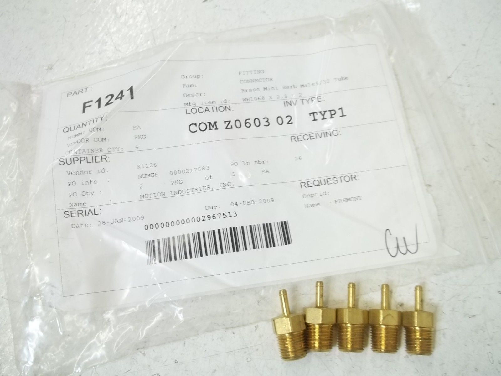 LOT OF 5 WH1068X2.5X2 BRASSS MINI BARB MALE 5/32 TUBE *NEW NO BOX*