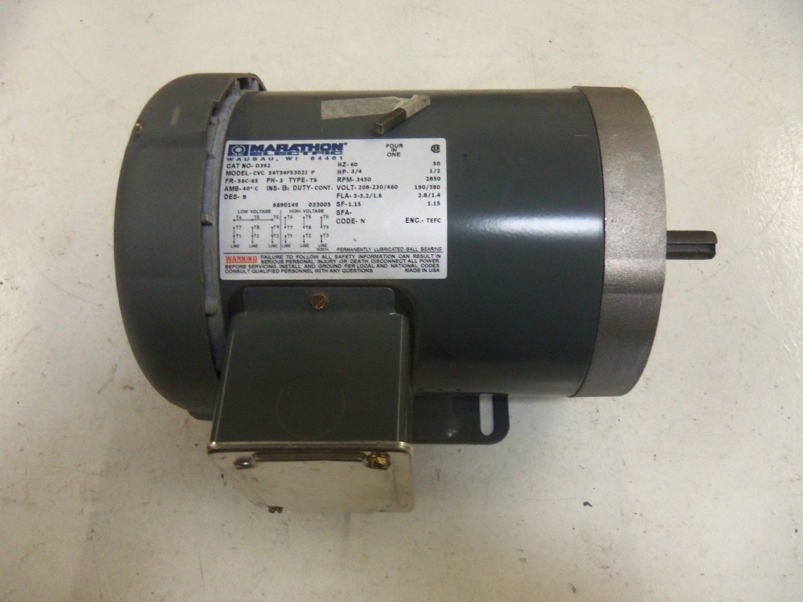 MARATHON D392 MOTOR CVC 56T34F5302J 3/4 HP 3450 RPM *NEW NO BOX*