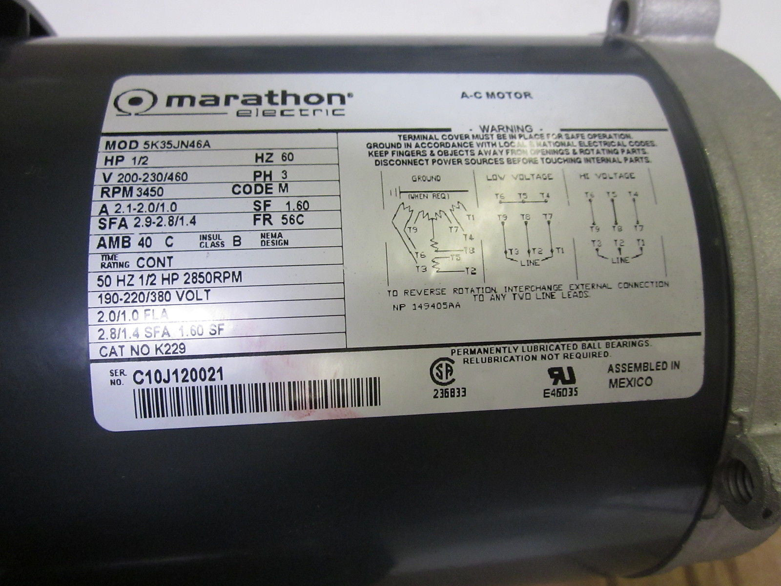 MARATHON ELECTRIC 5K35JN46 MOTOR 1/2HP *NEW IN BOX*
