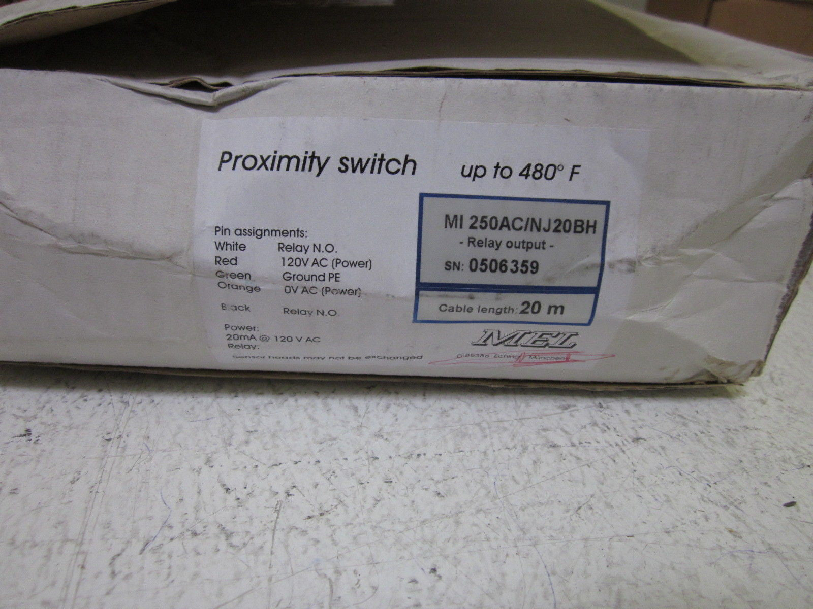 MEL MI250AC/NJ20BH PROXIMITY SWITCH 20M LENGTH *NEW IN BOX*