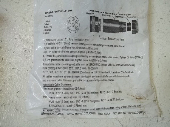 MENCOM CORP. MIN-6FP-FW PLUG FIELD WIREABLE FEMALE *NEW IN A FACTORY BAG*