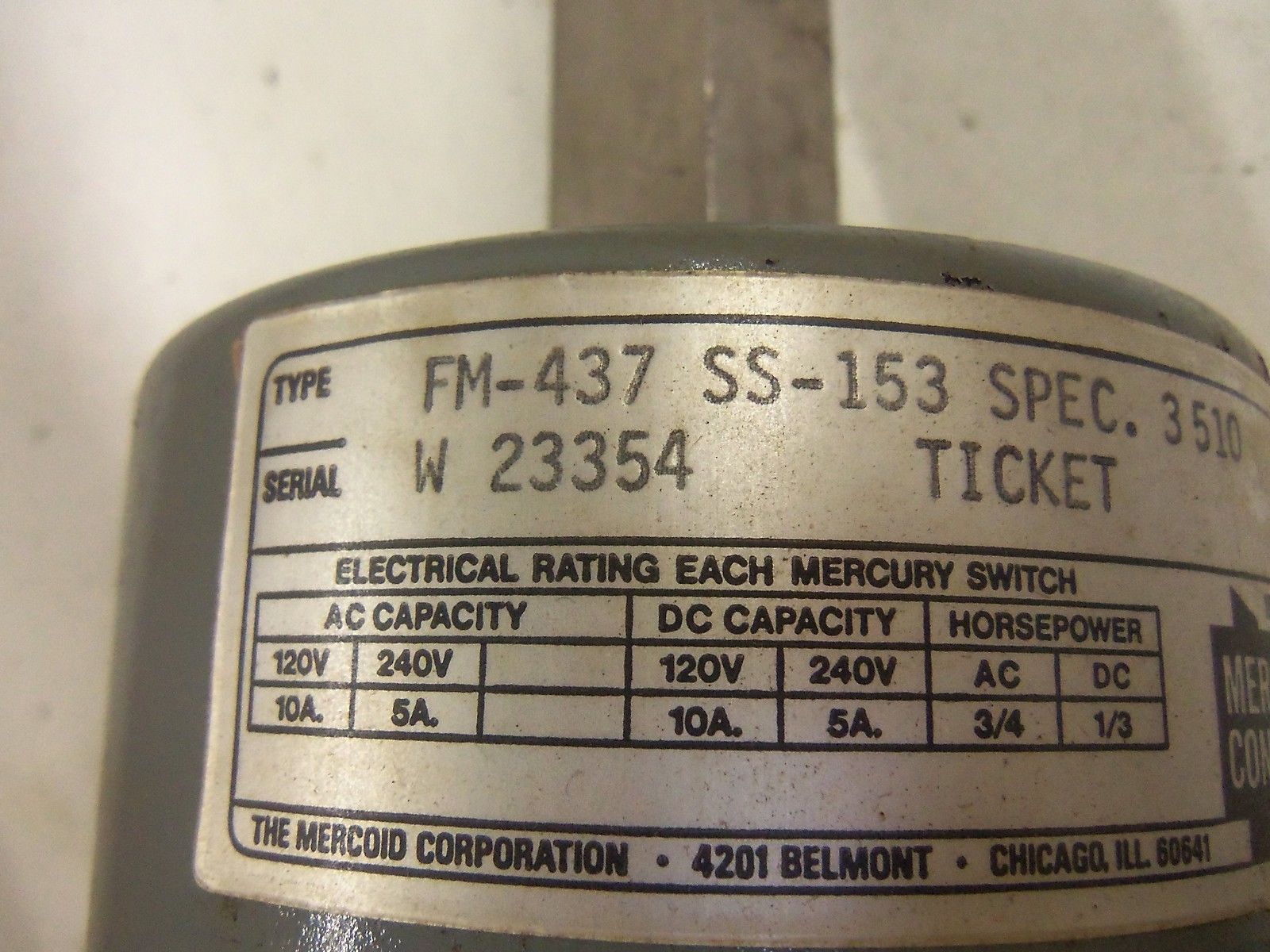 MERCOID CONTROL FM-437 SS-153 *USED*