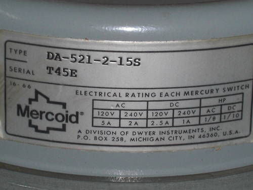 MERCOID CONTROL SWITCH  DA-521-2-15S *NEW IN BOX*