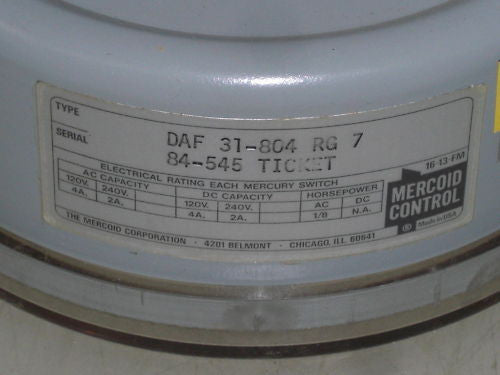 MERCOID CONTROL DAF 31-804 RG 7 PRESSURE CONTROL *NEW NO BOX*