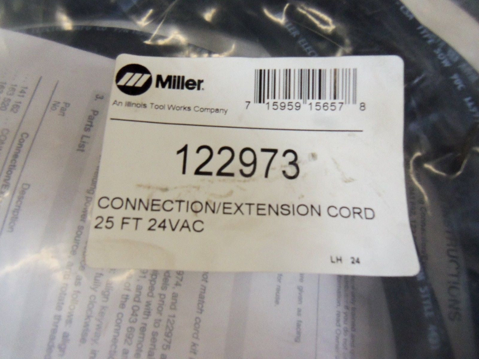 MILLER CONNECTION/EXTENSION CORD 25FT 24VAC 122973 *NEW IN BAG*