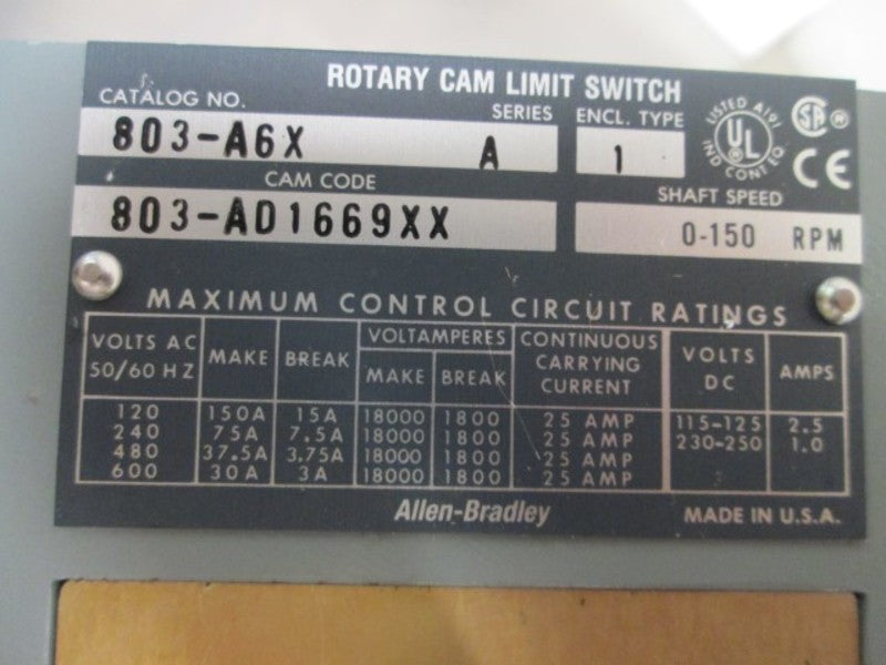 Allen Bradley 803A6X Rotating Limit Switch NSFP ** GENUINE ** AB 803 A6X