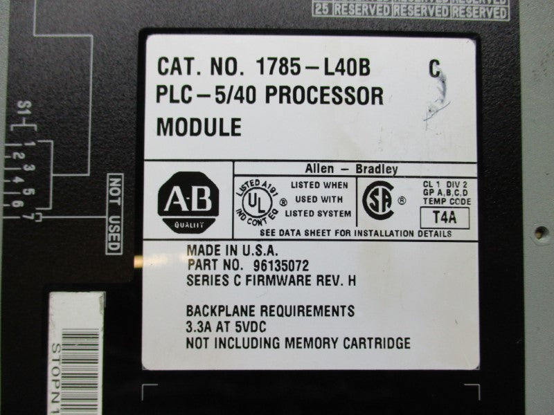 ALLEN BRADLEY 1785-L40B SER. C F/W H UNMP