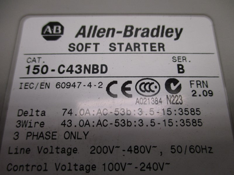 ALLEN BRADLEY 150-C43NBD SOFT STARTER SER. B F/W 2.09 *USED *
