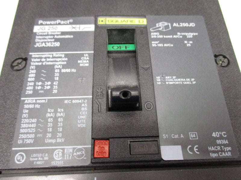 SQUARE D JGA36250 CIRCUIT BREAKER 3P 250A UNMP