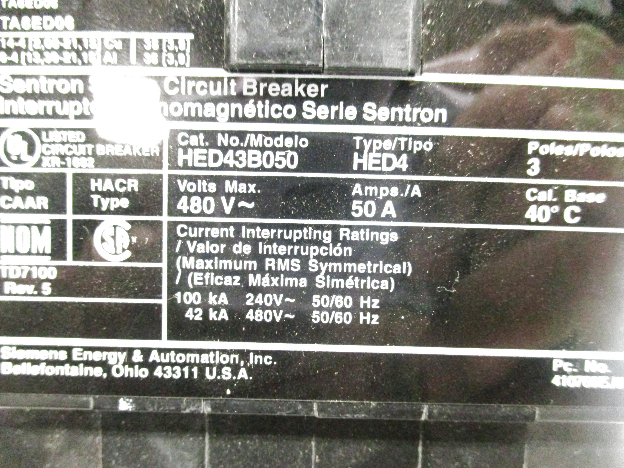 SIEMENS HED43B050 50A 480V NSNP