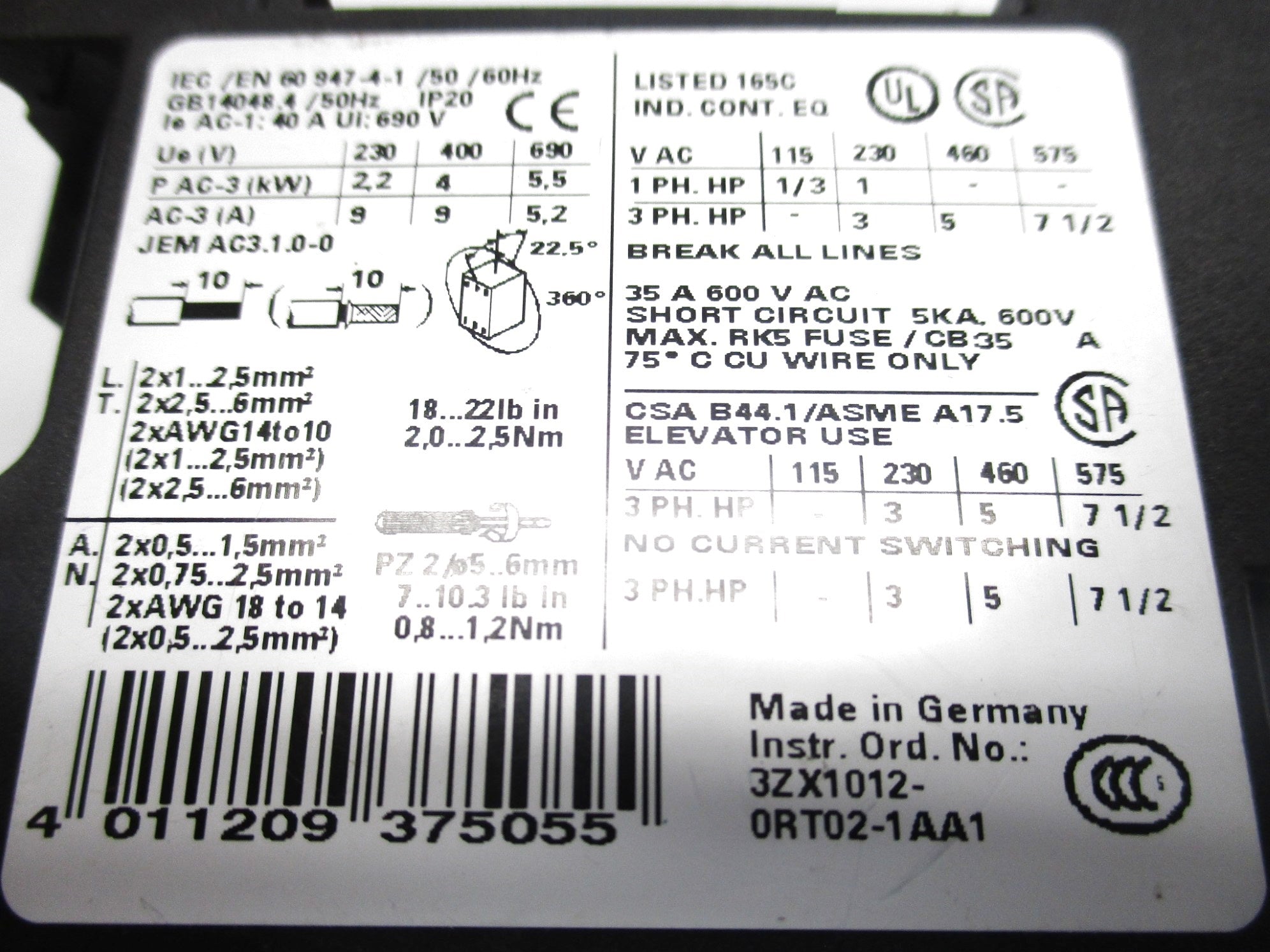 SIEMENS 3ZX1012-0RT02-1AA1 24VDC UNMP