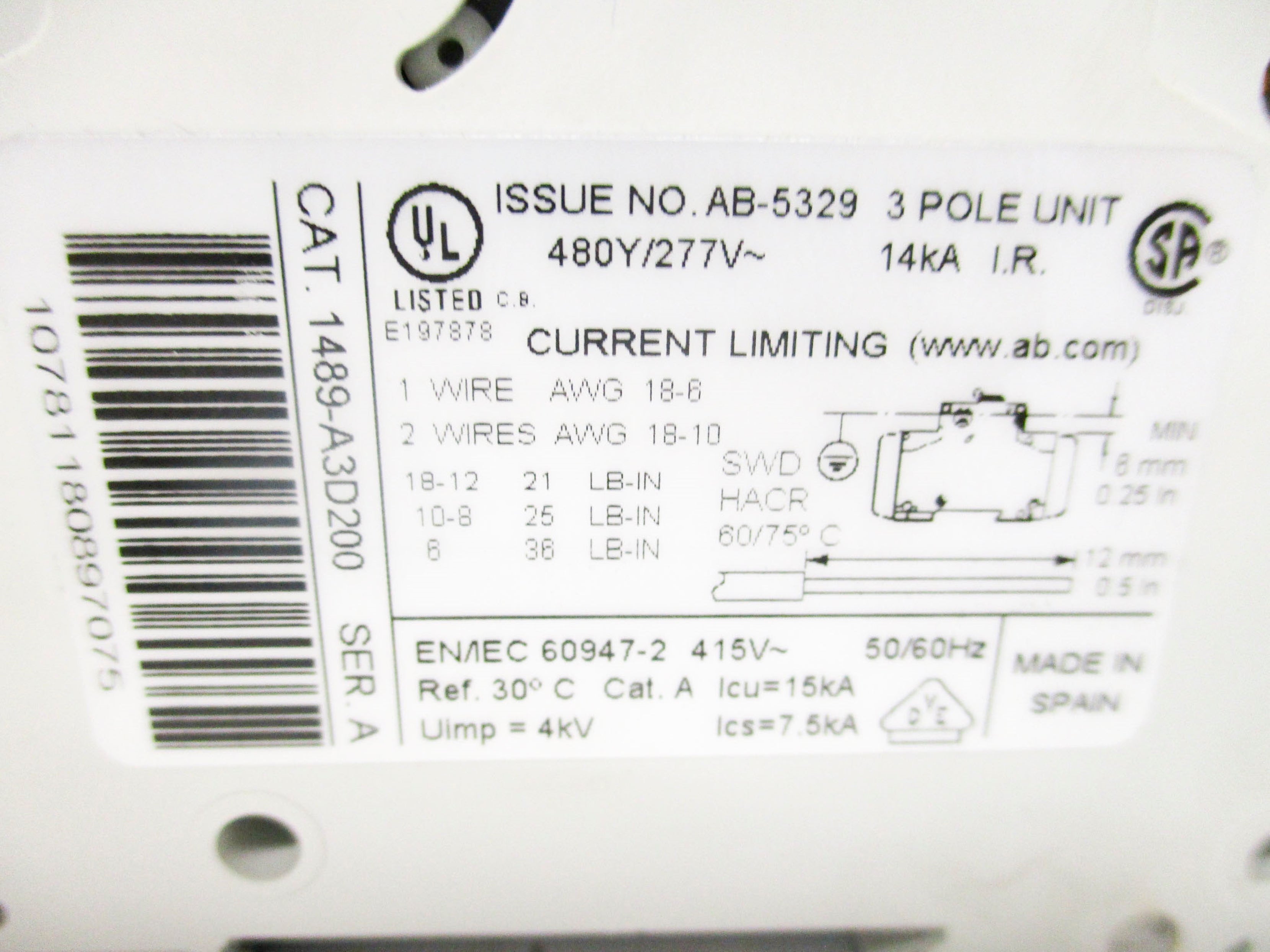 ALLEN BRADLEY 1489-A3D200 20A 277VAC SER. A (WH) NSMP