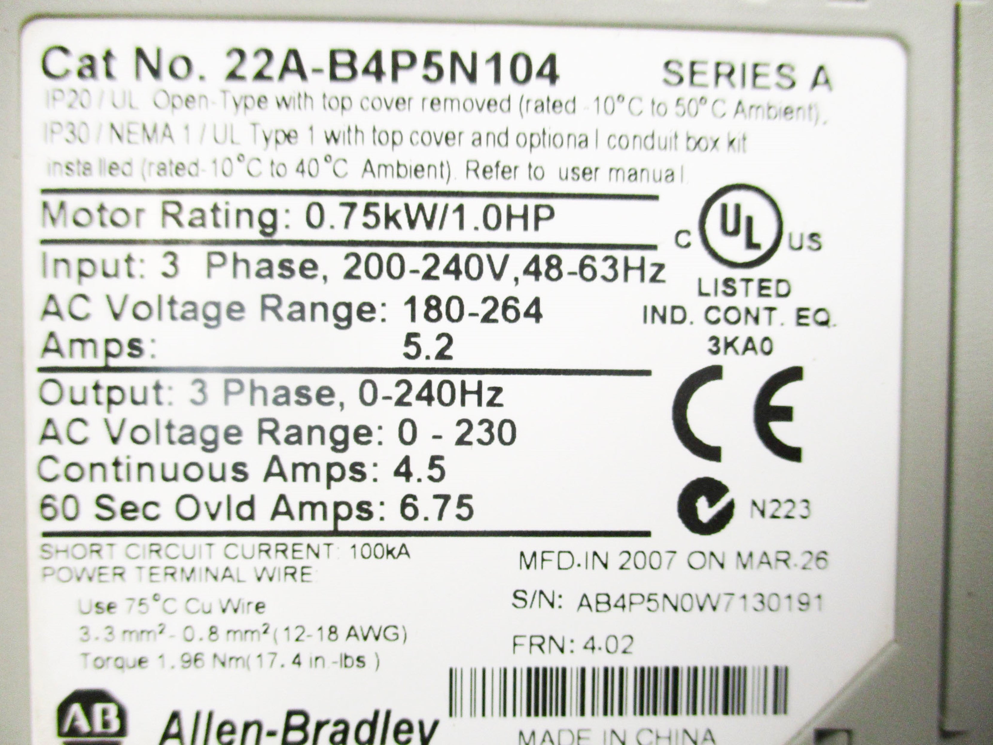 ALLEN BRADLEY 22A-B4P5N104 SER. A UNMP