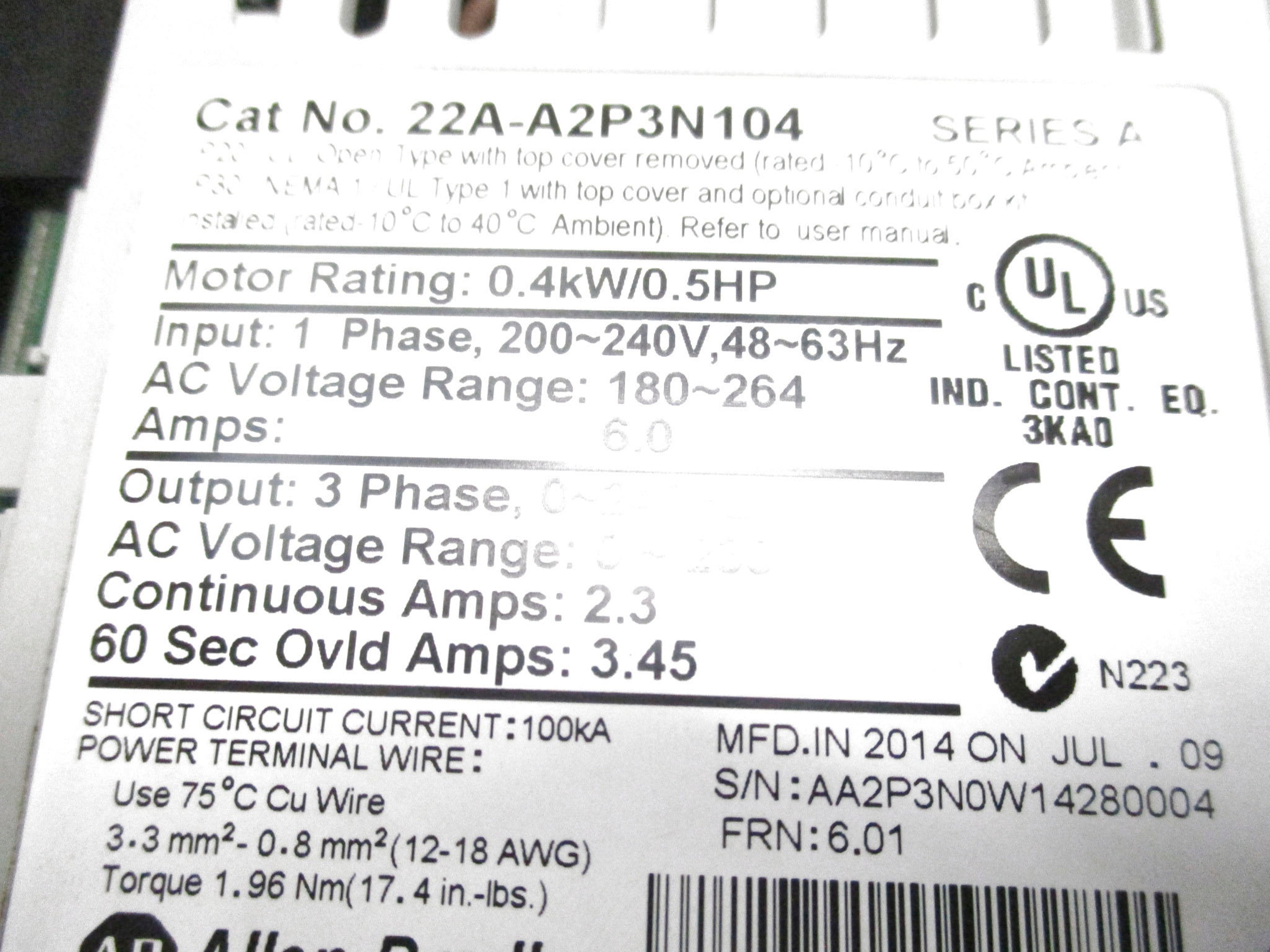 ALLEN BRADLEY 22A-A2P3N104 SER. A UNMP