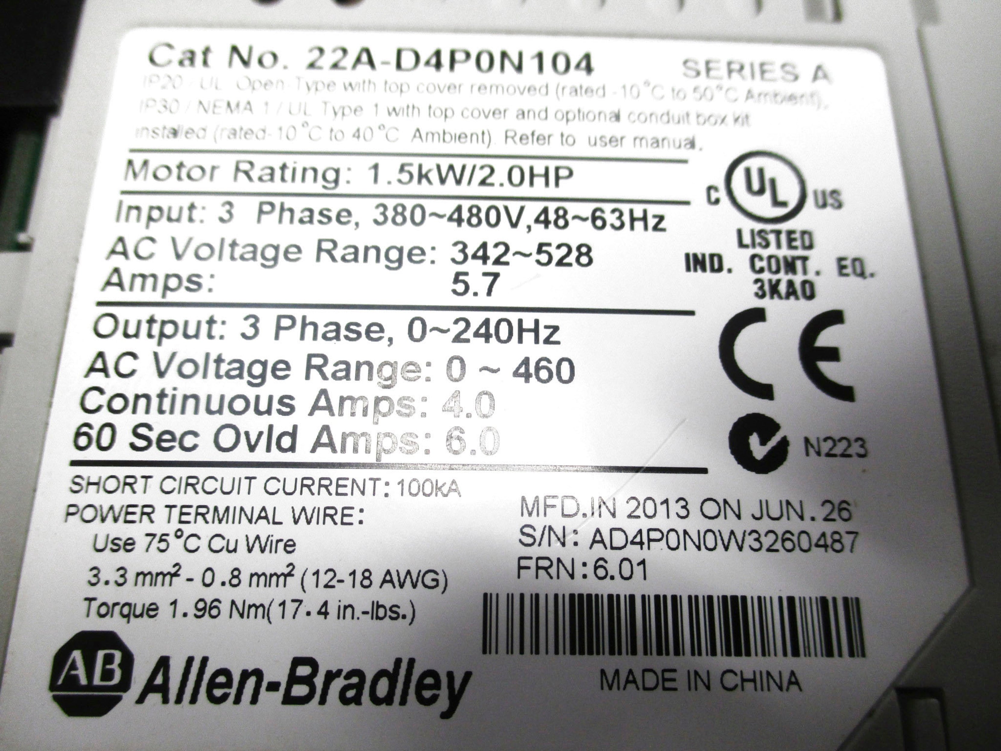ALLEN BRADLEY 22A-D4P0N104 SER. A F/W 6.01 DATE: 2013 (AS PICTURED) NSNP