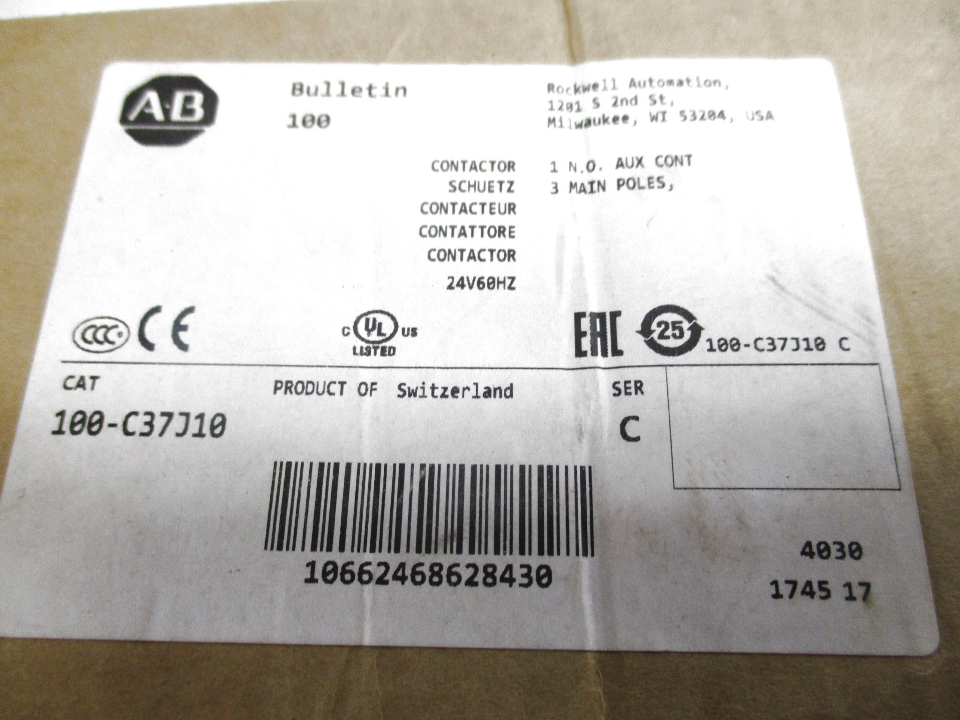 ALLEN BRADLEY 100-C37J10 SER. C 24V (BR/WH) NSMP