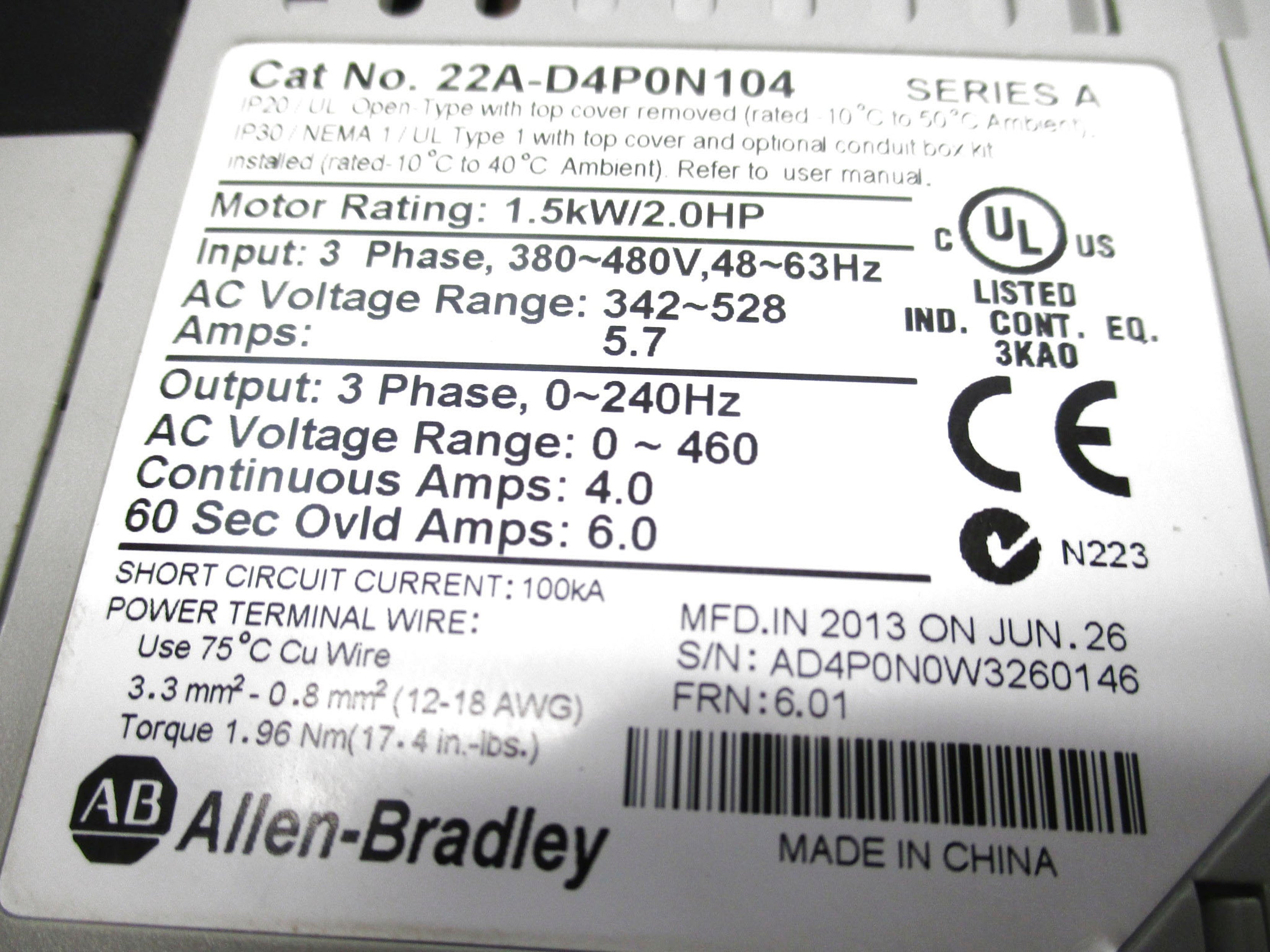 ALLEN BRADLEY 22A-D4P0N104 SER. A F/W 6.01 480V 5.7A NSNP