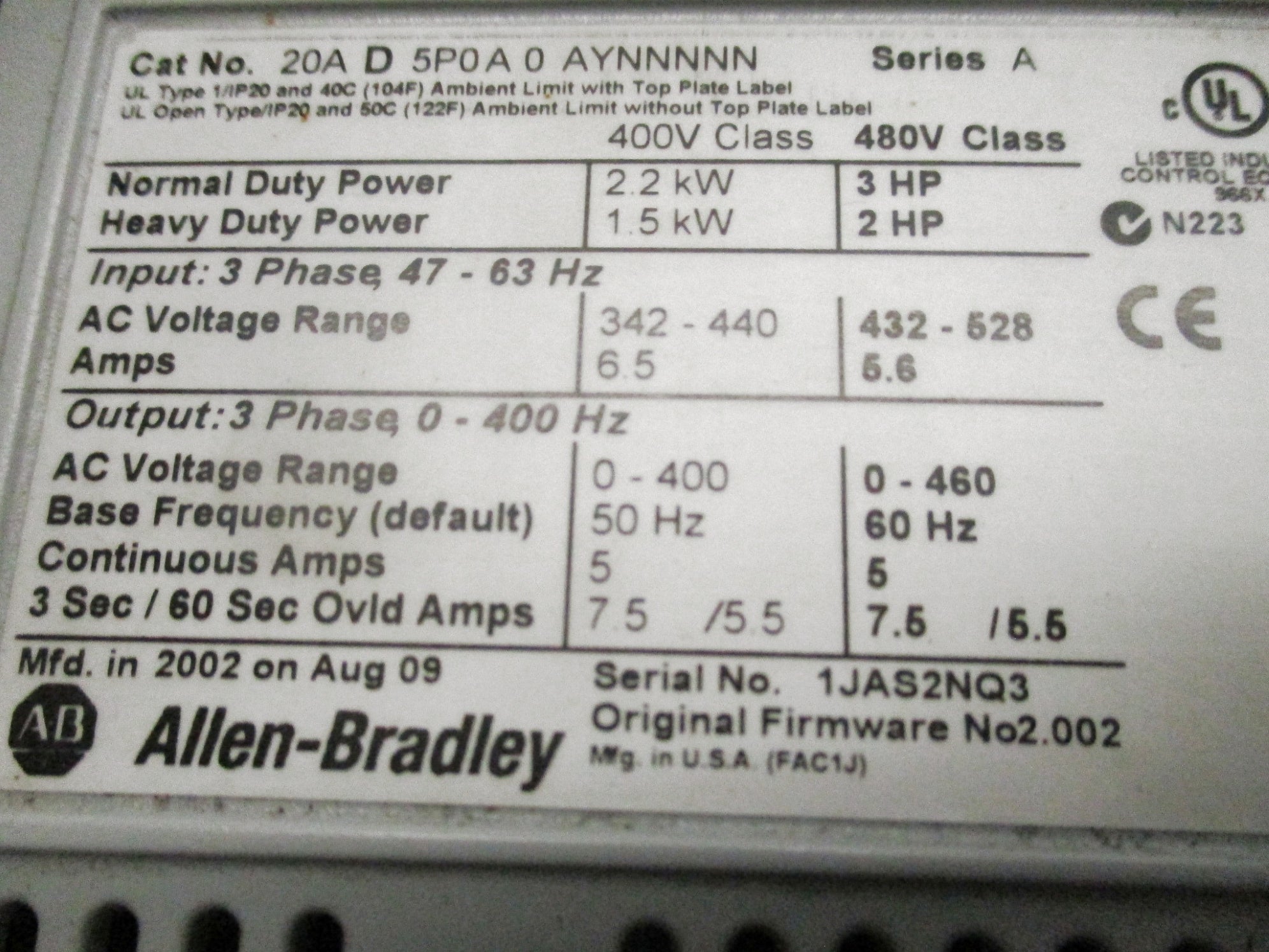 ALLEN BRADLEY 20AD5P0A0AYNNNNN SER. A F/W 2.002 UNMP
