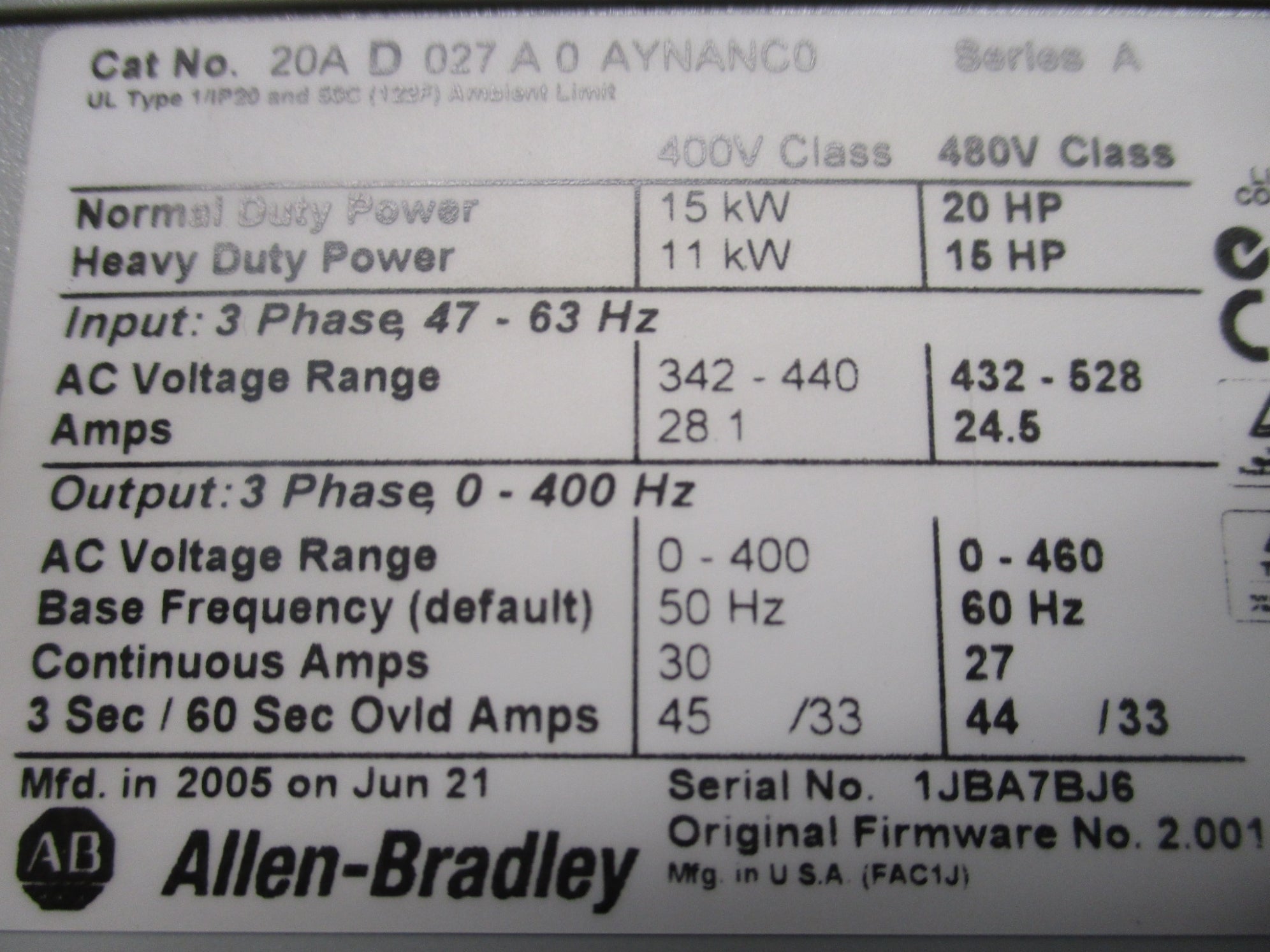 ALLEN BRADLEY 20AD027A0AYNANC0 SER. A F/W 2.001 UNMP