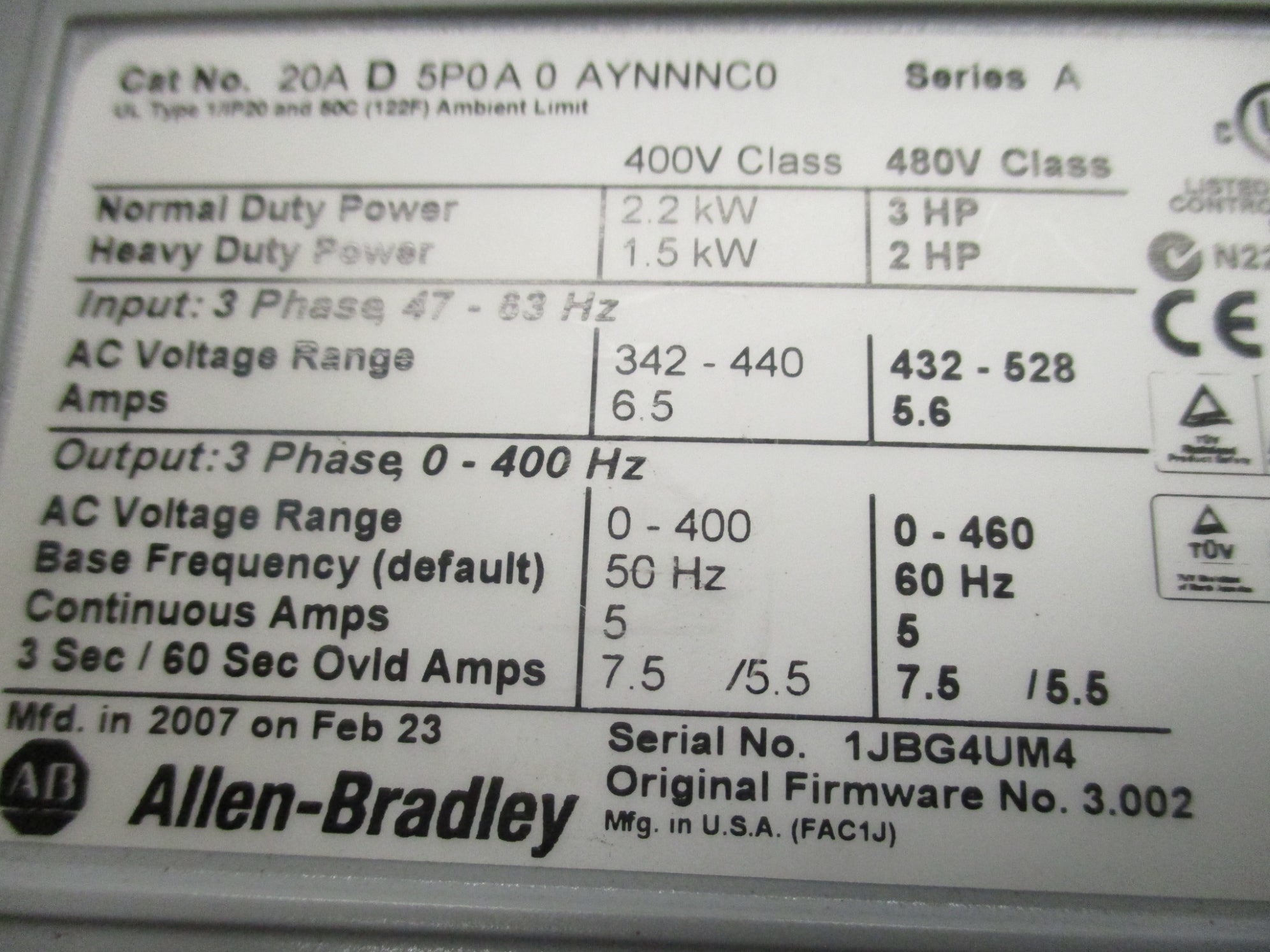 ALLEN BRADLEY 20AD5P0A0AYNNNC0 SER. A F/W 3.002 UNMP