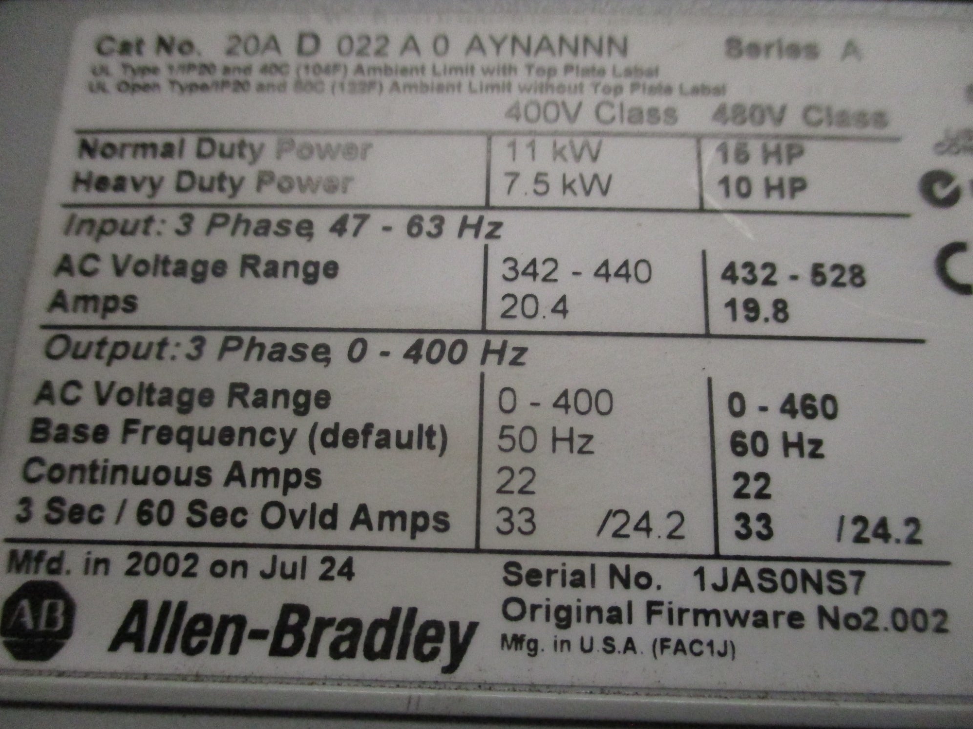 ALLEN BRADLEY 20AD022A0AYNANNN SER. A F/W 2.002 UNMP