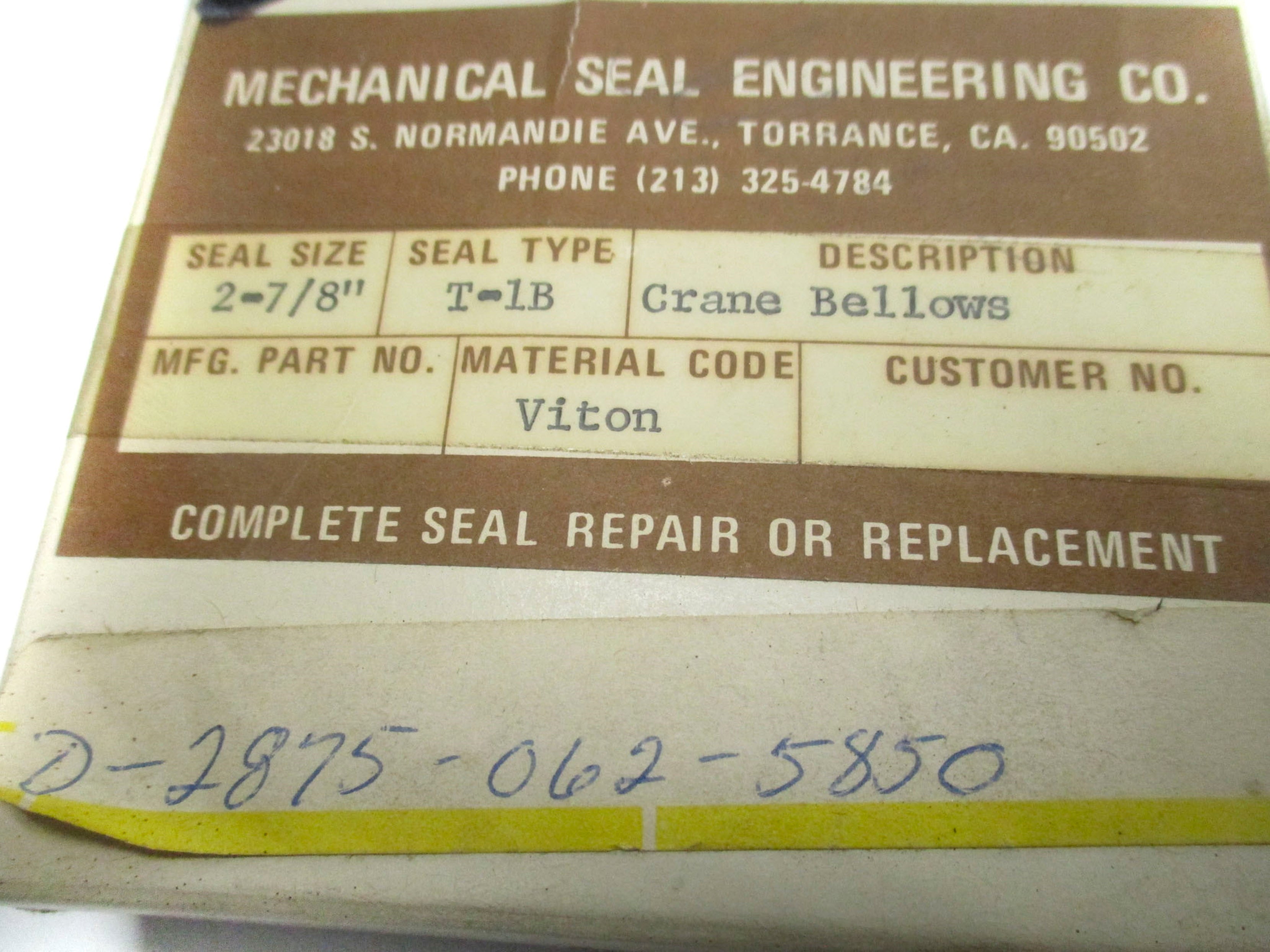 MECHANICAL SEAL ENGINEERING D-2875-062-5850 NSMP