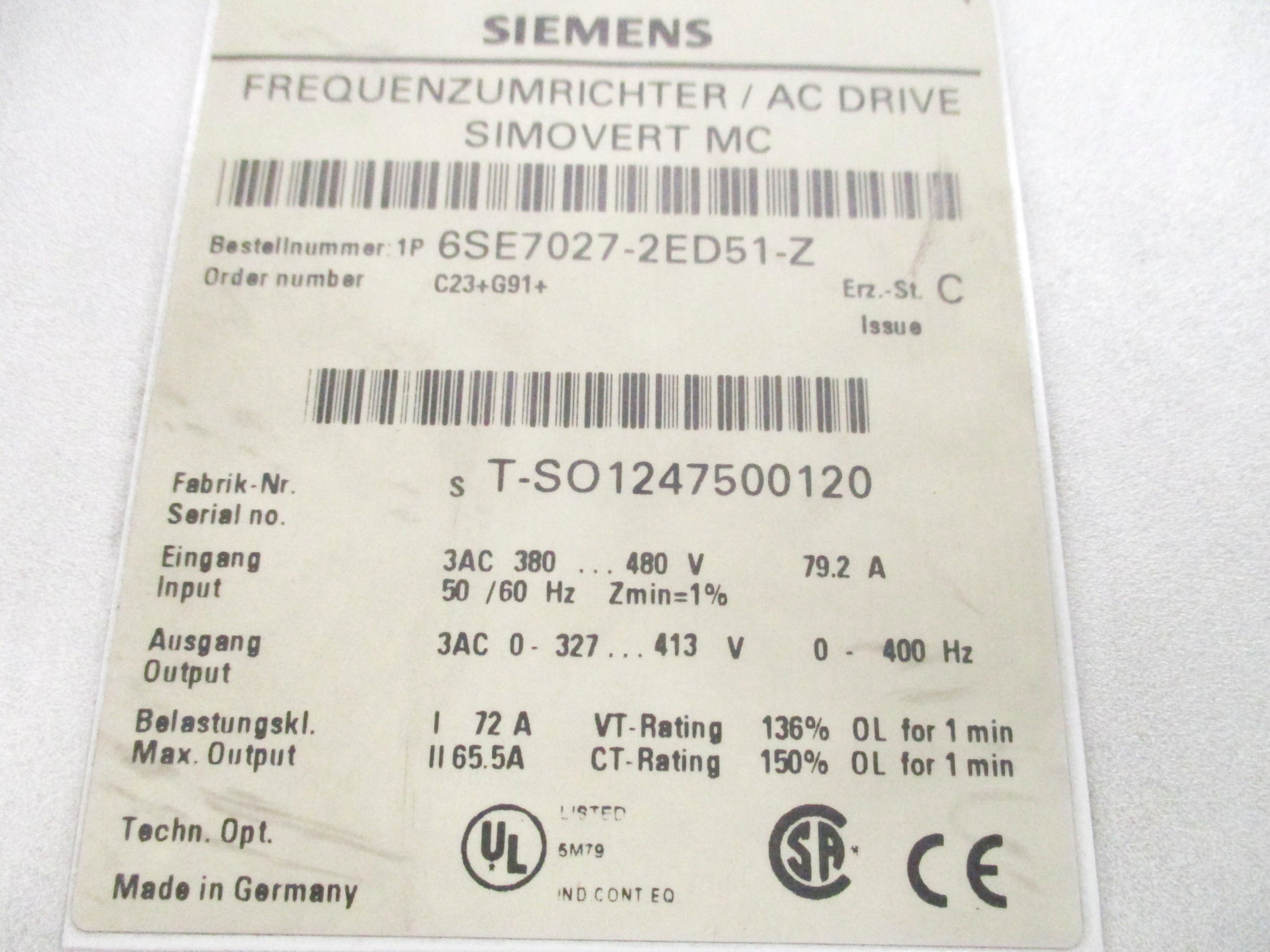 SIEMENS 6SE7027-2ED51-Z (AS PICTURED) UNMP