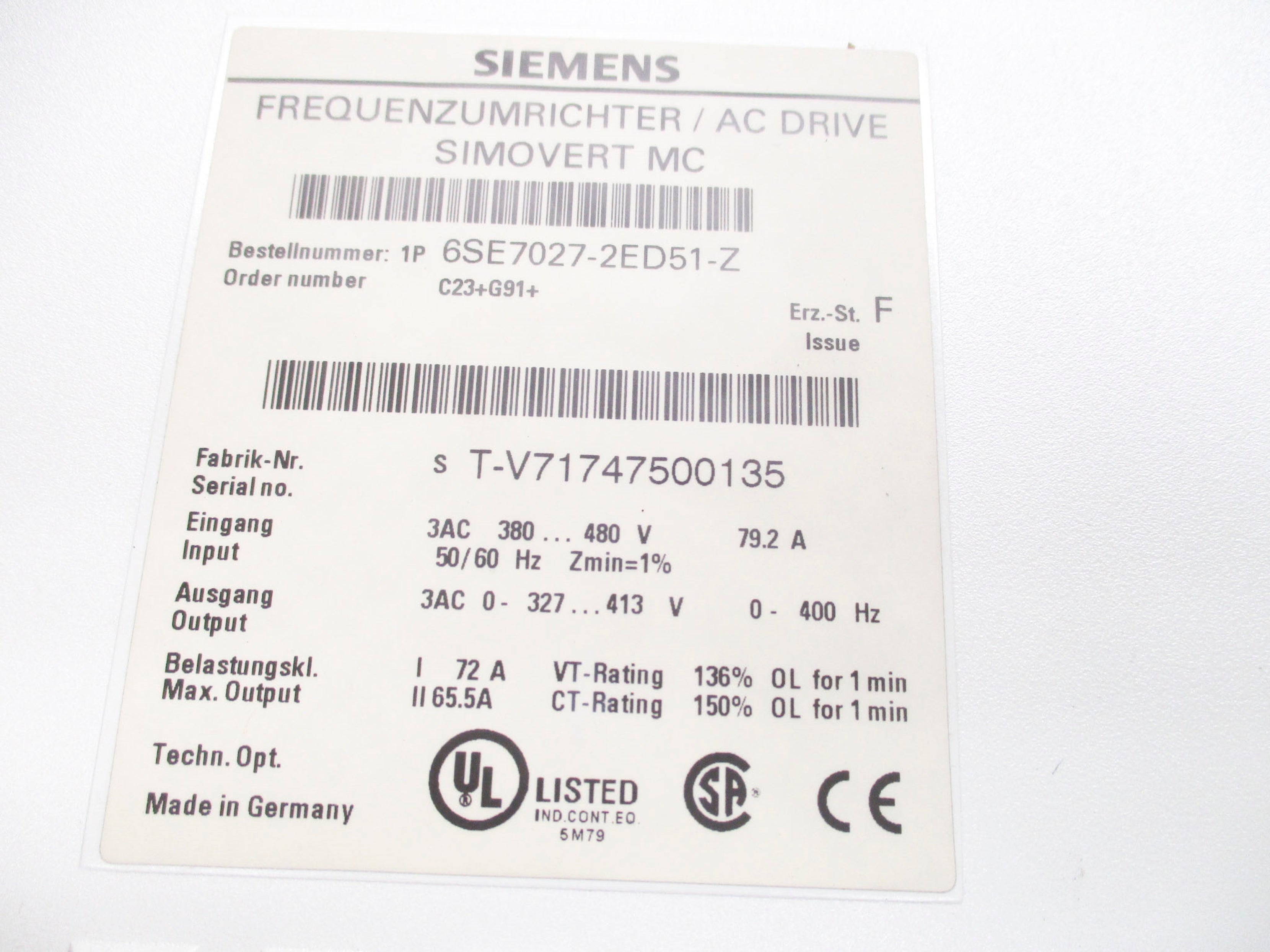 SIEMENS 6SE7027-2ED51-Z (AS PICTURED) NSMP