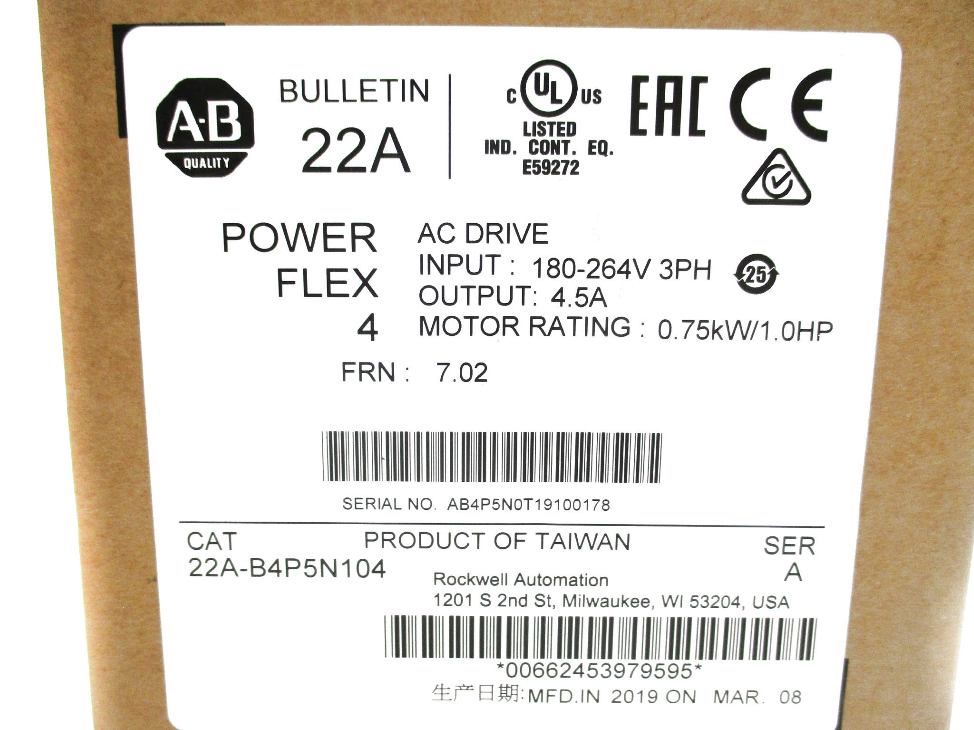 ALLEN BRADLEY 22A-B4P5N104 SER. A F/W7.02 DATE: 2019 NSFS