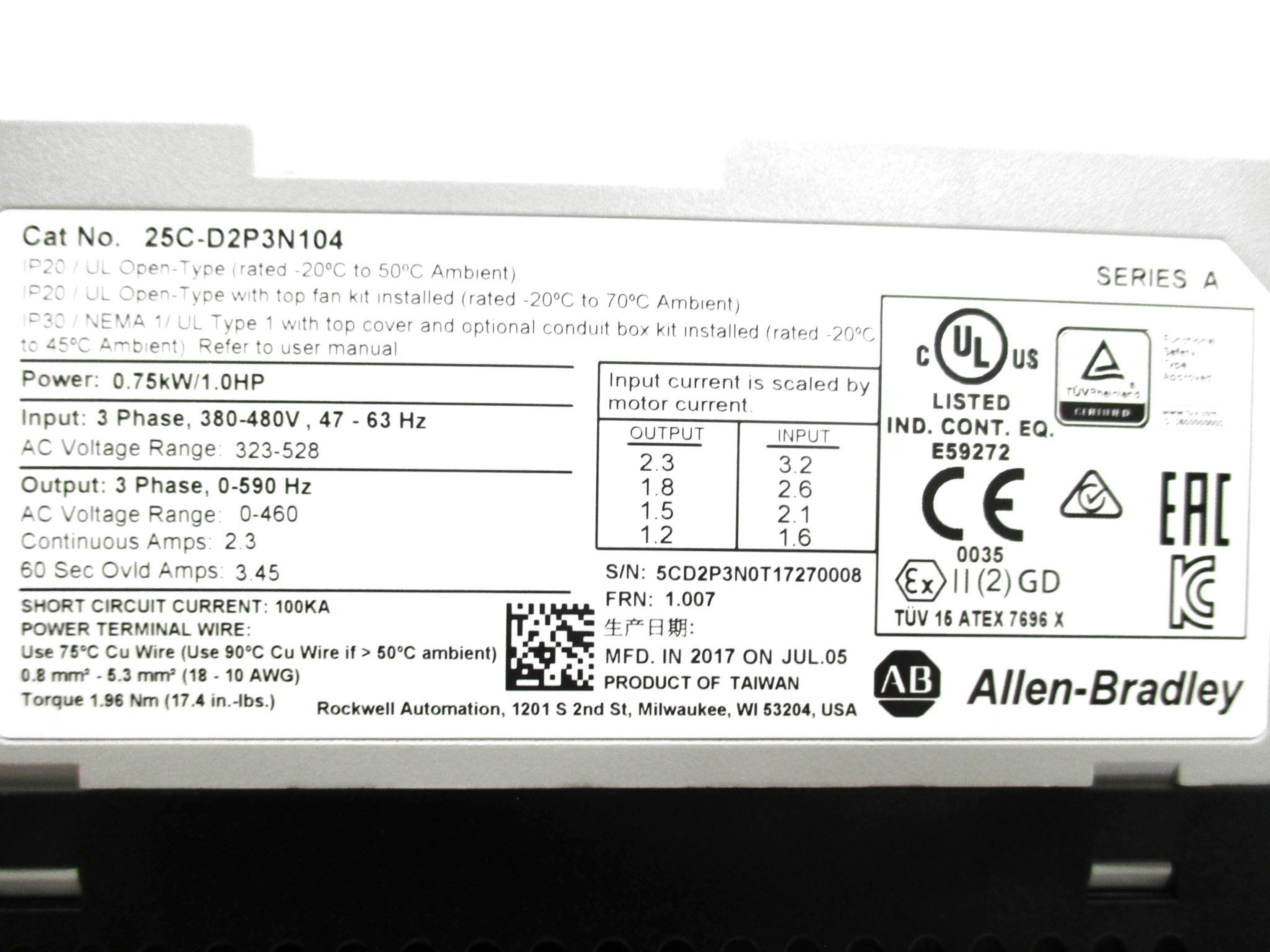 ALLEN BRADLEY 25C-D2P3N104 SER. A F/W 1.007 NSMP