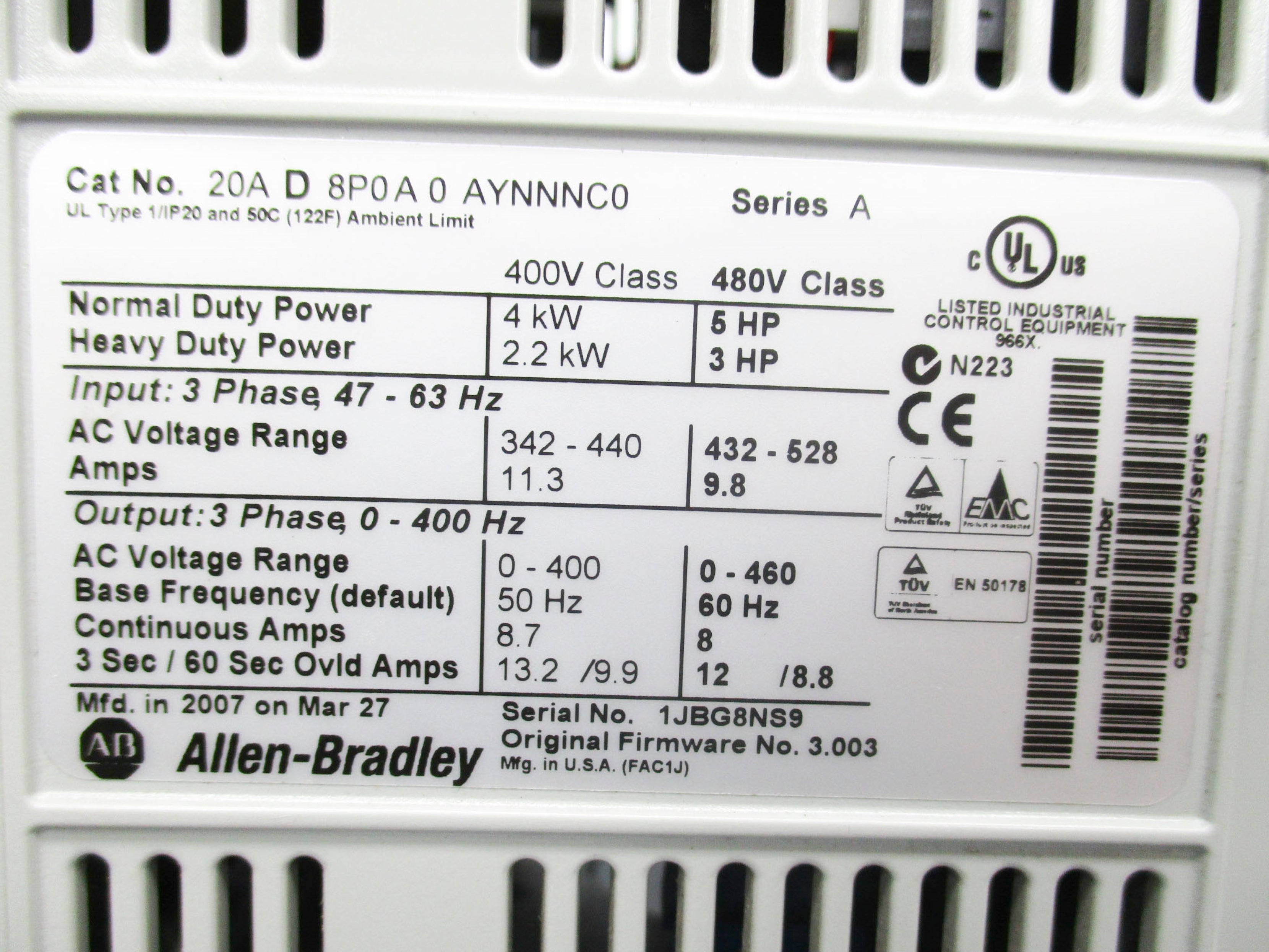 ALLEN BRADLEY 20AD8P0A0AYNNNC0 SER. A F/W 3.003 UNMP