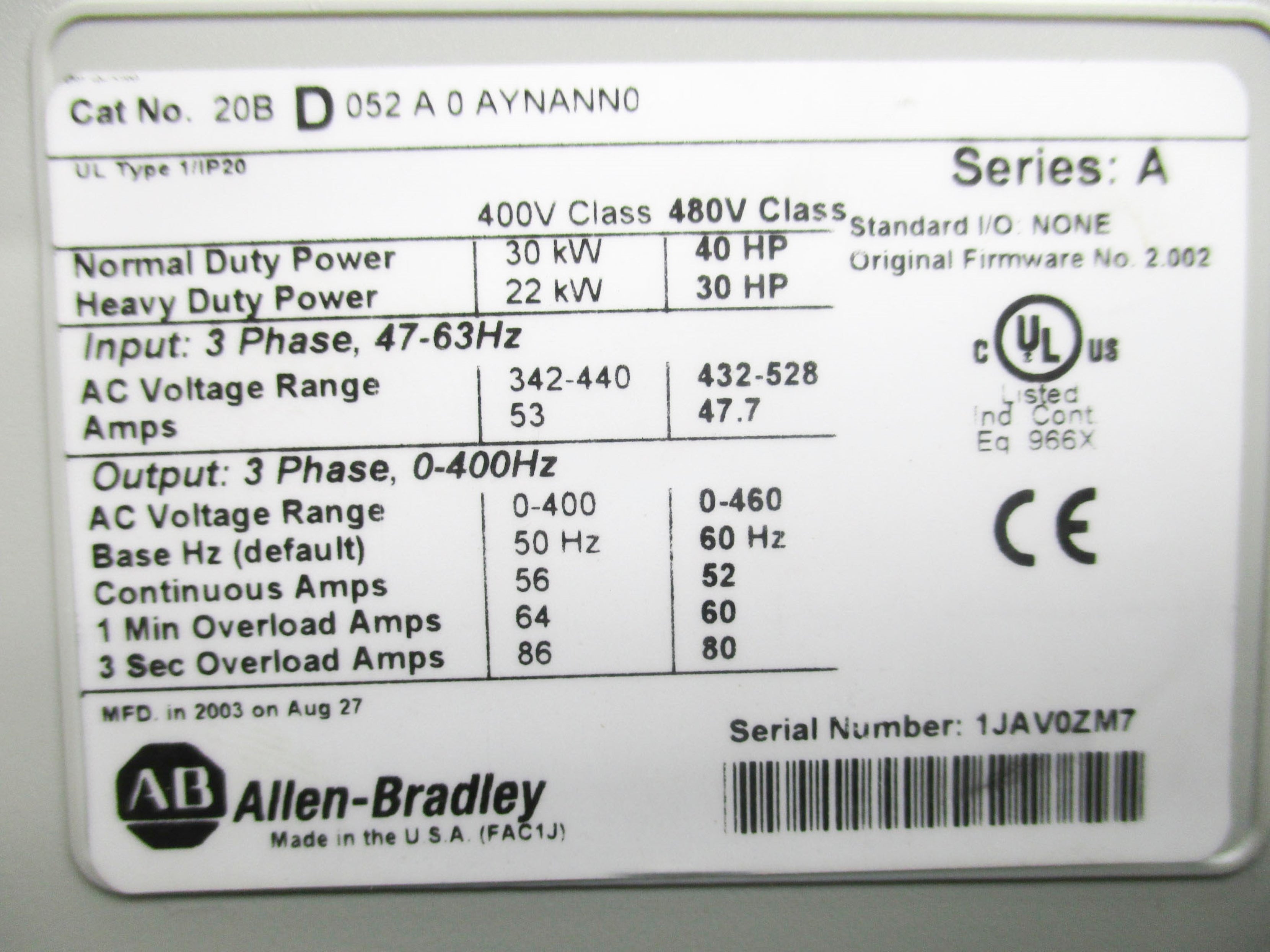 ALLEN BRADLEY 20BD052A0AYNANN0 SER. A F/W 2.002 UNMP
