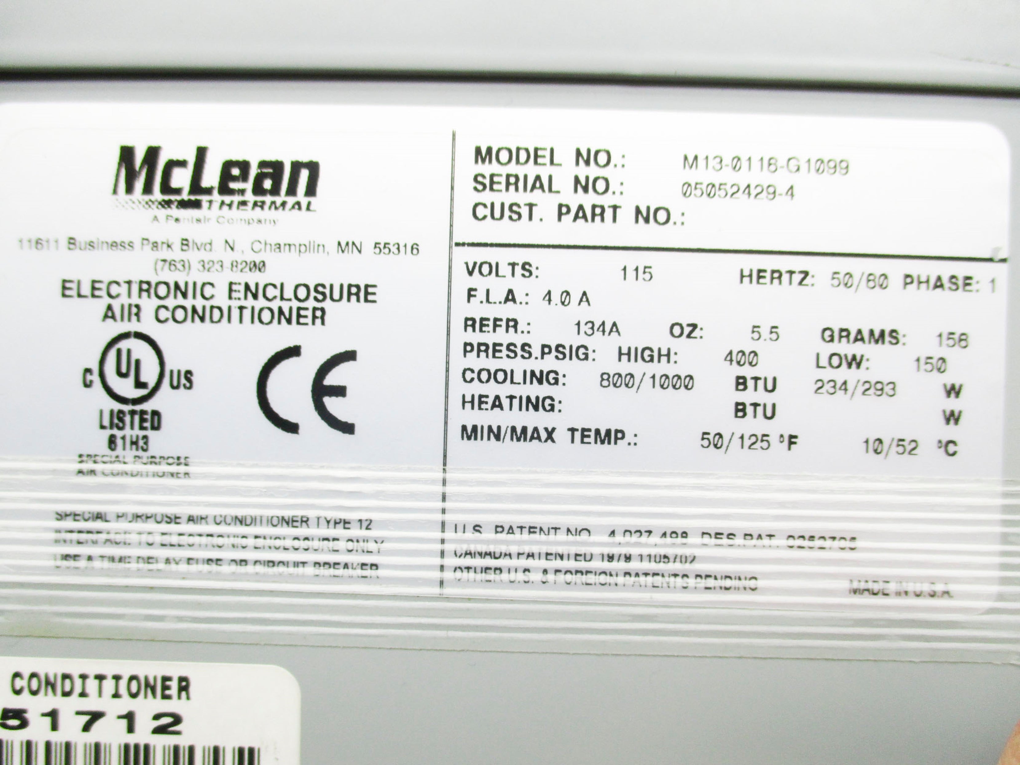 MCLEAN THERMAL M13-0116-G1099 NSNP