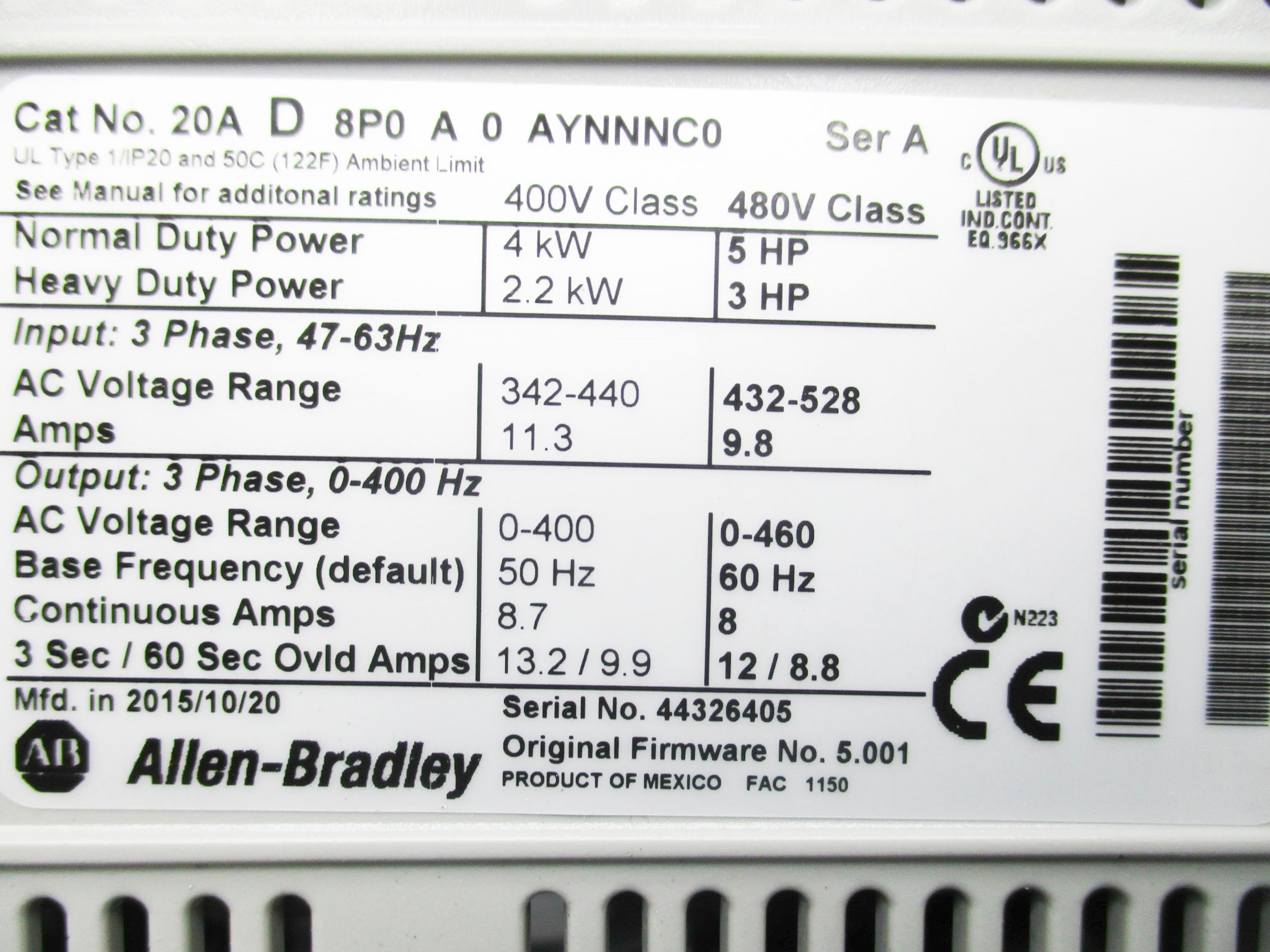 ALLEN BRADLEY 20AD8P0A0AYNNNC0 SER. A F/W 5.001 UNMP