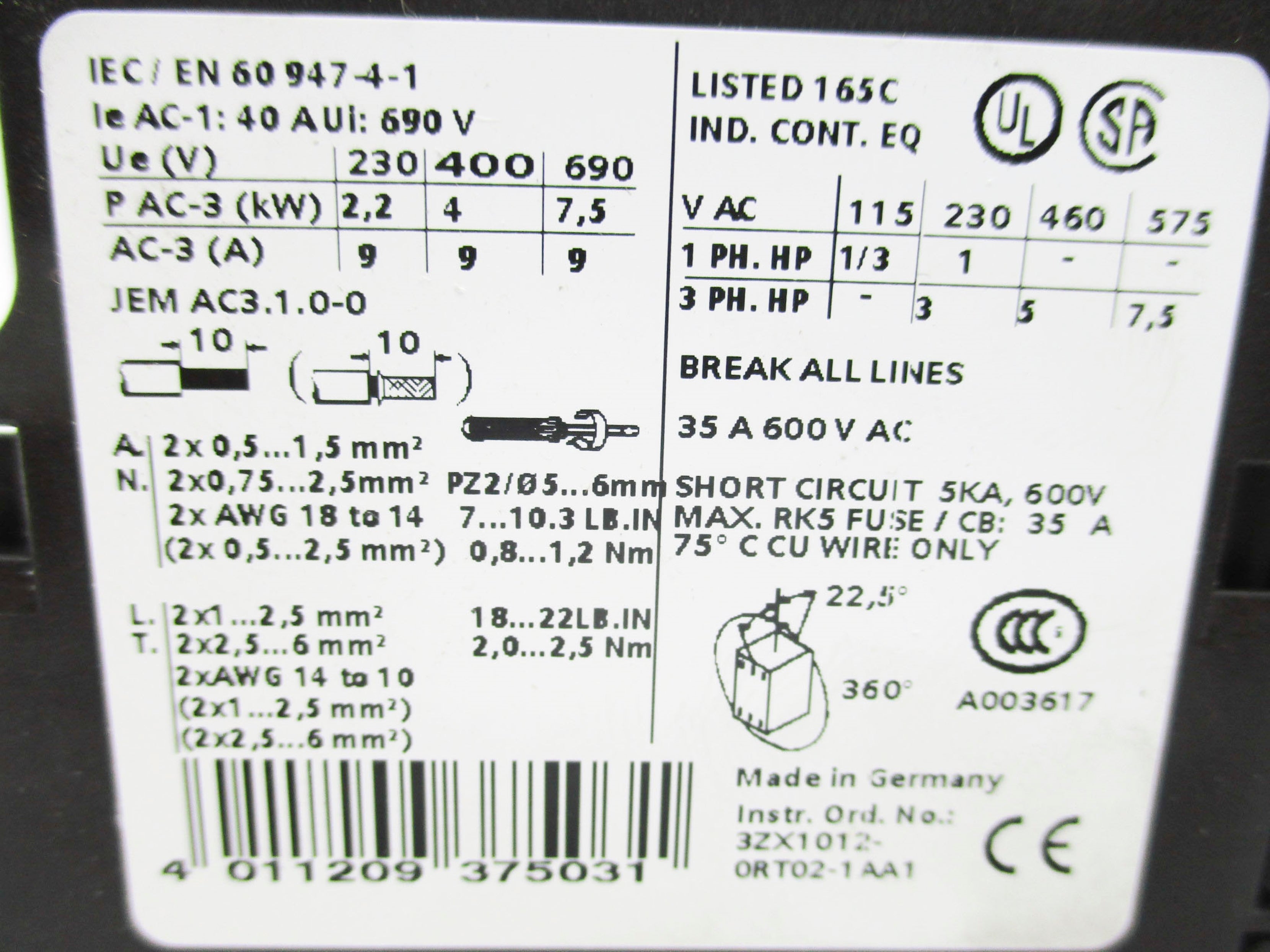 SIEMENS 3RA11251EA231AK6 2.8-4A 110-120VAC NSMP