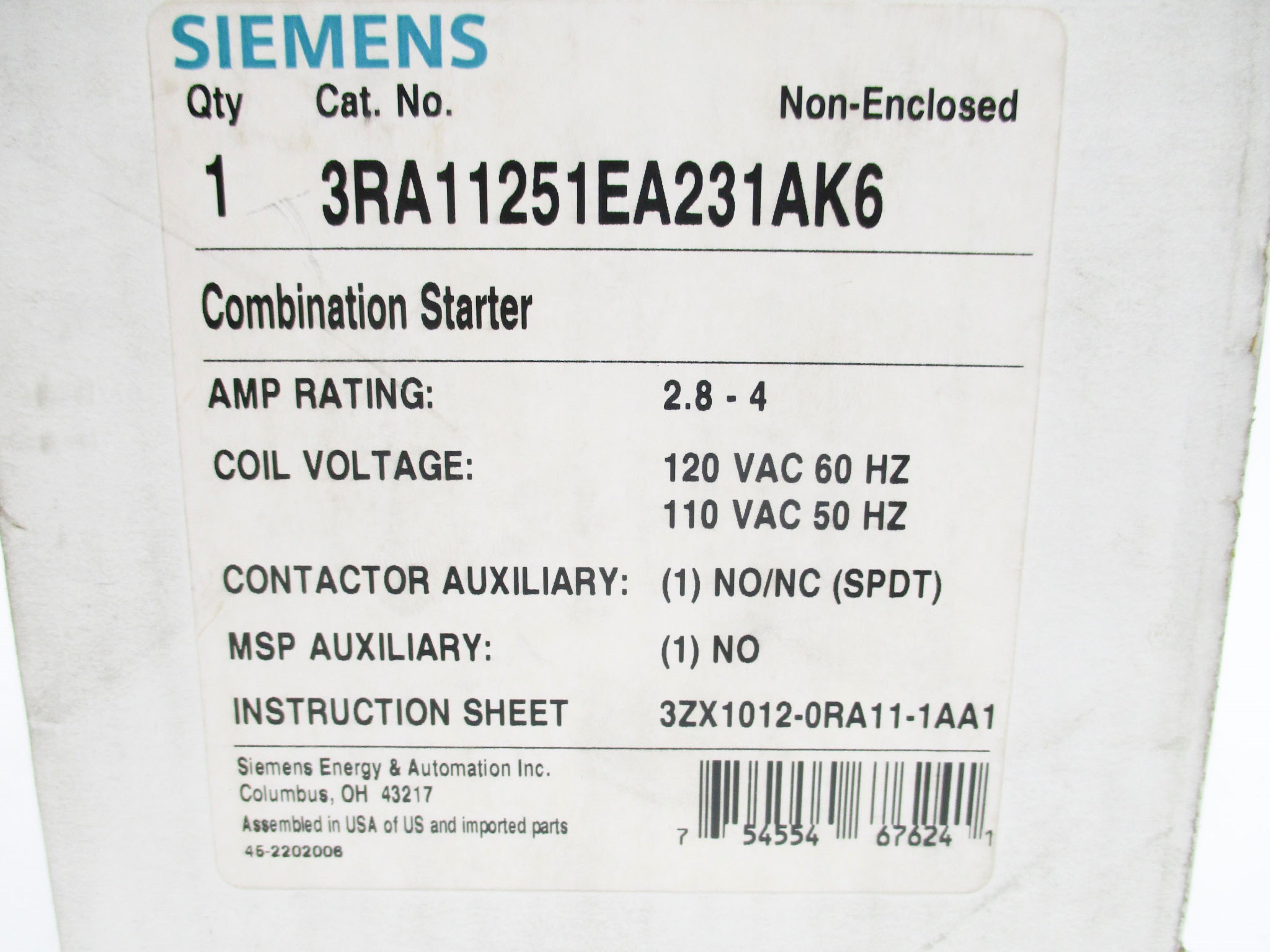 SIEMENS 3RA11251EA231AK6 2.8-4A 110-120VAC NSMP