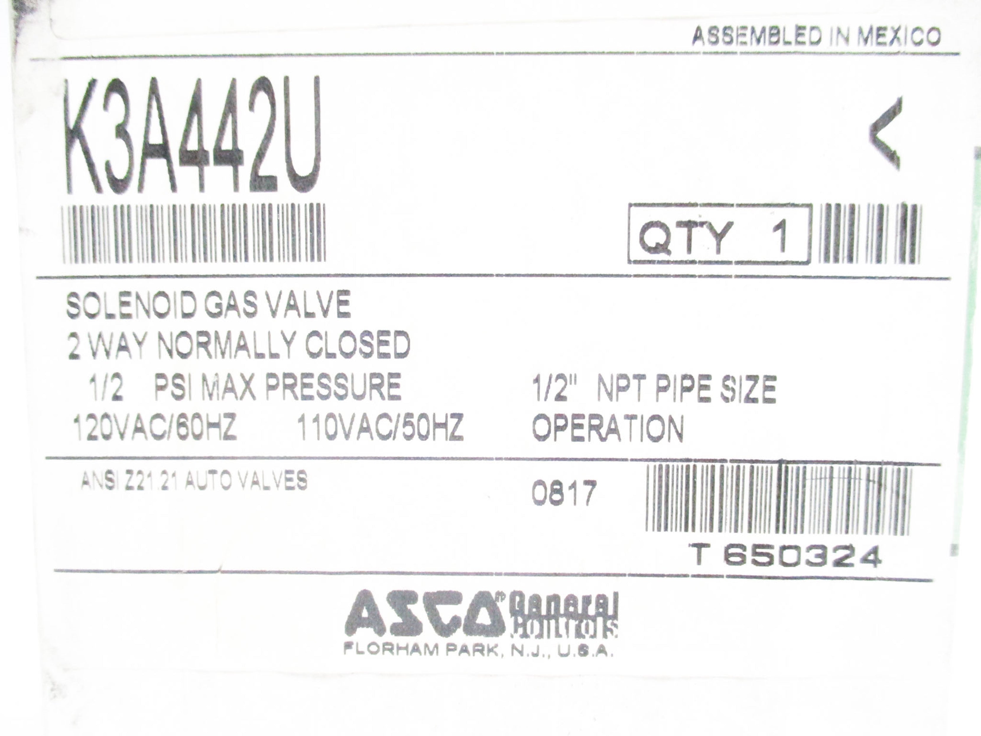 ASCO K3A442U 1/2PSI 110/120V NSMP