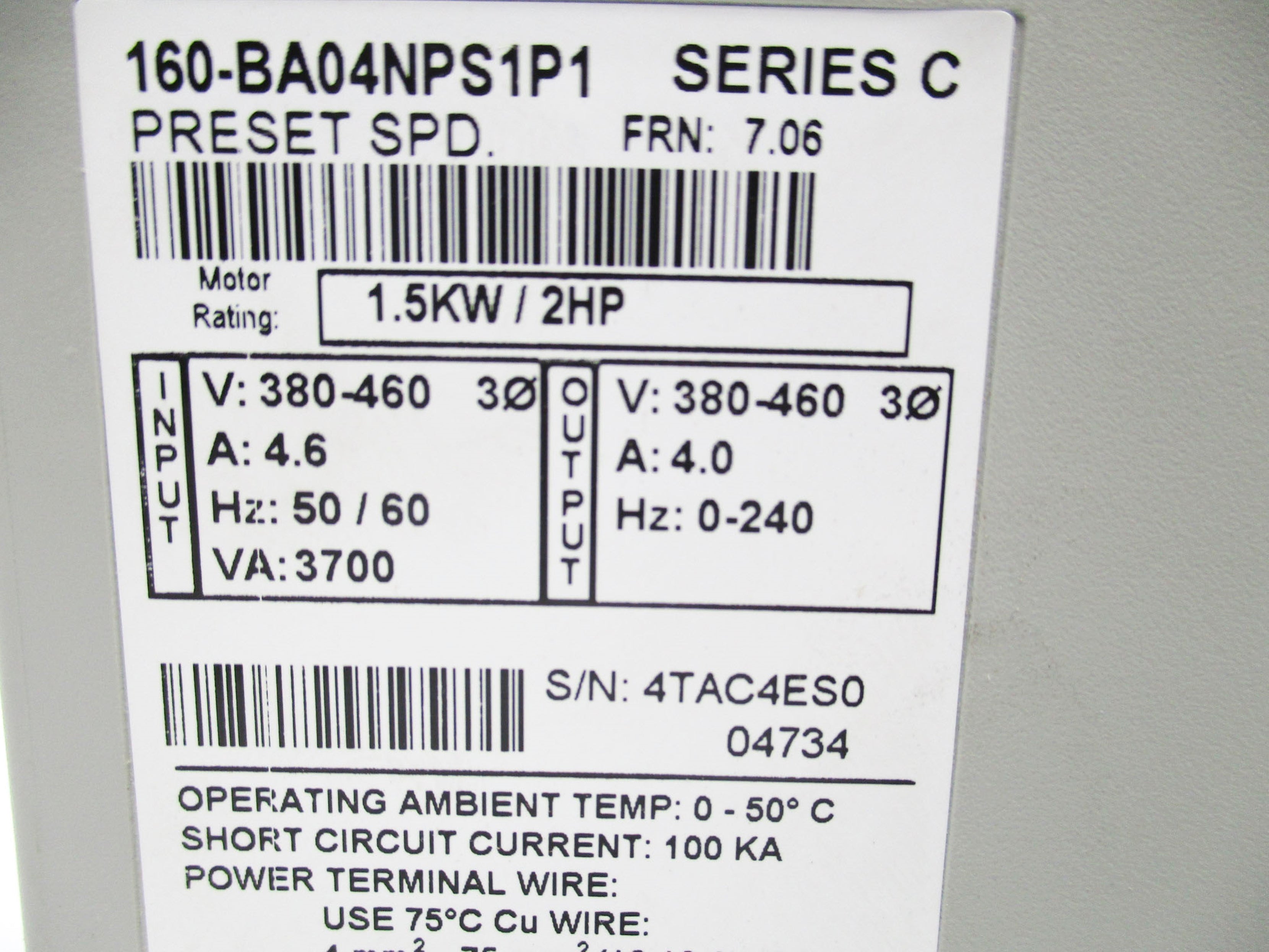 ALLEN BRADLEY 160-BA04NPS1P1 SER. C F/W 7.06 (BR/WH) NSMP