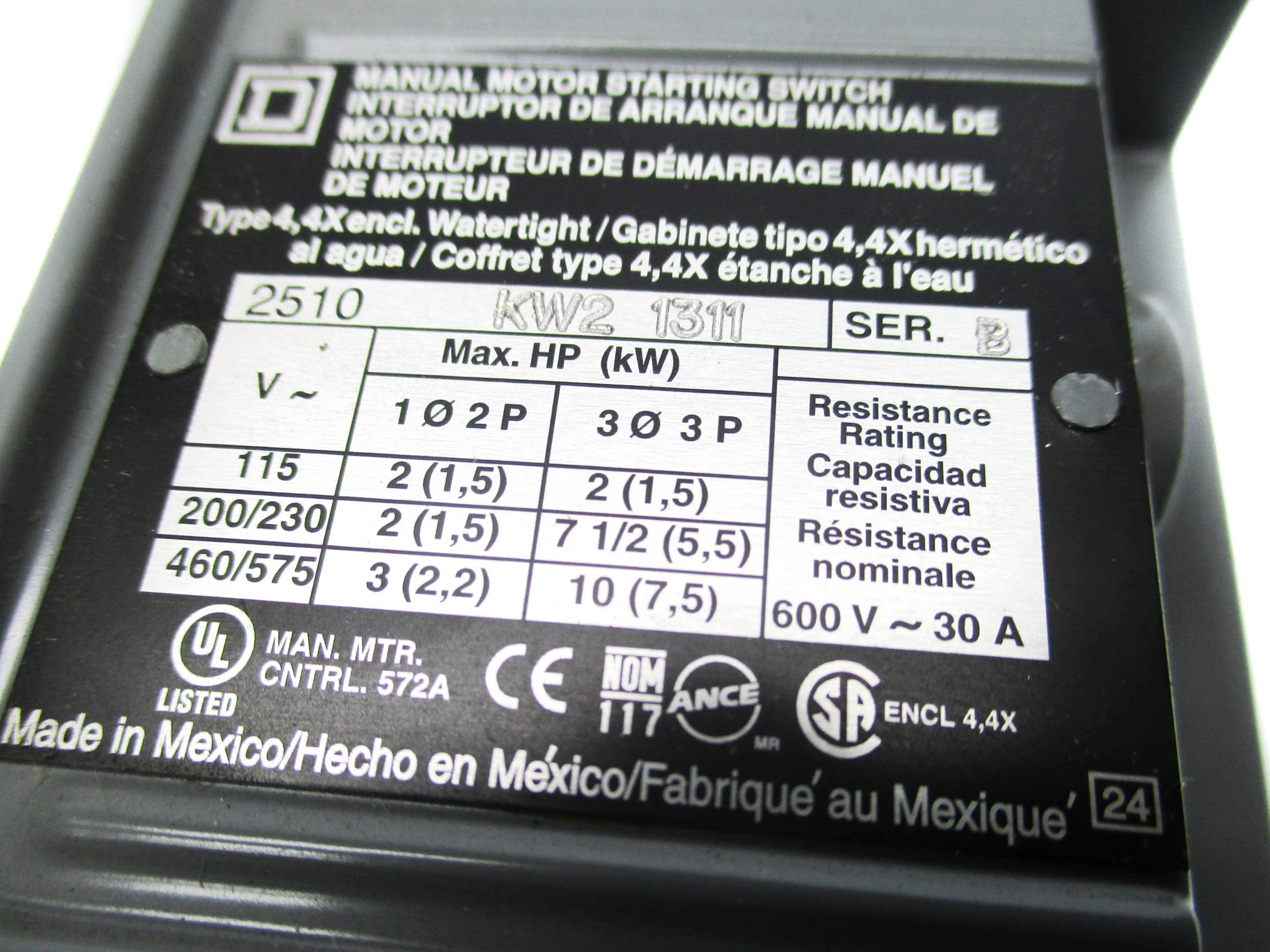 SQUARE D 2510KW21311 SER. B (AS PICTURED) NSMP