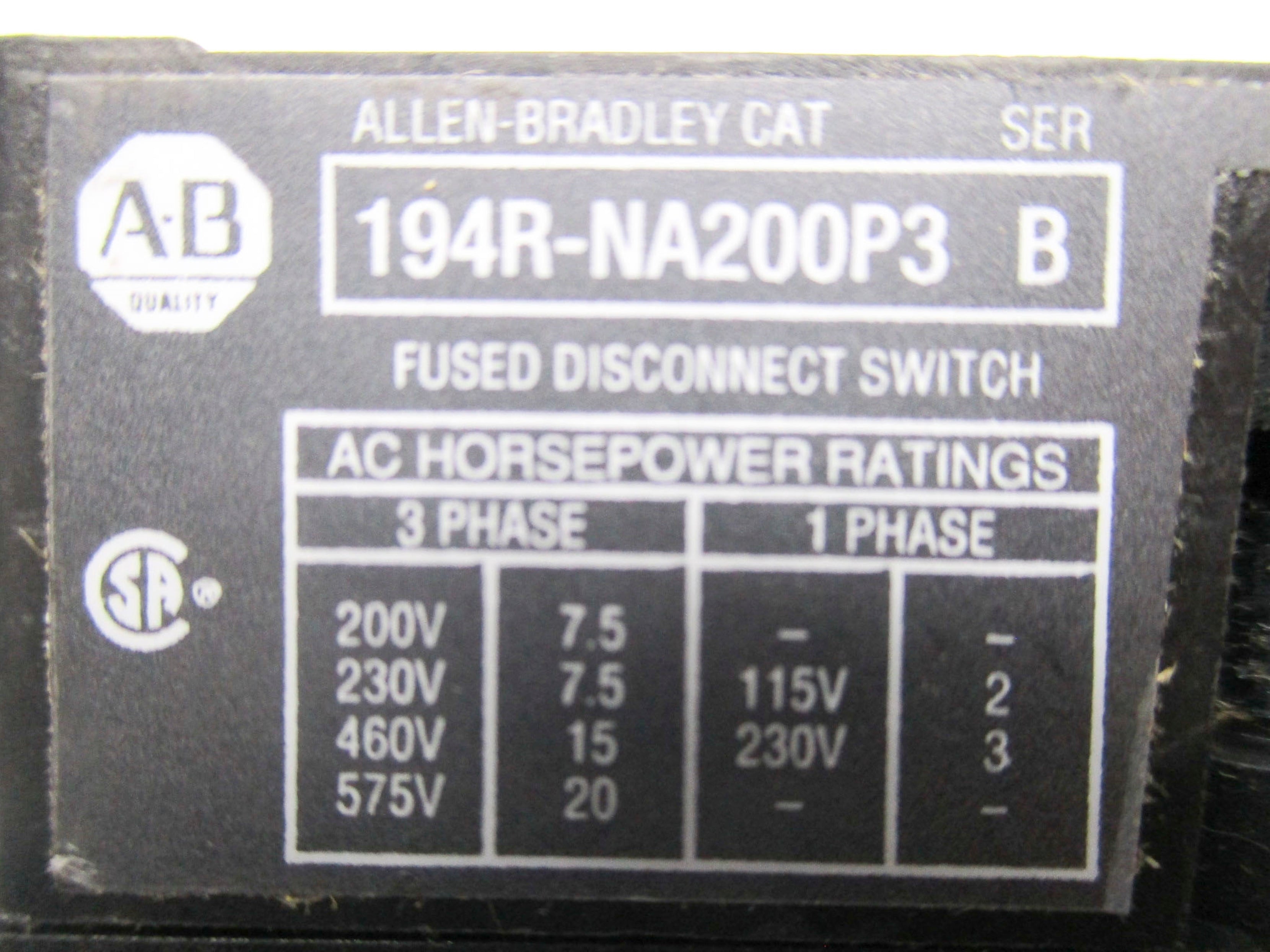 INDUSTRIAL SPARE PART 194R-NA200P3 SER. B UNMP