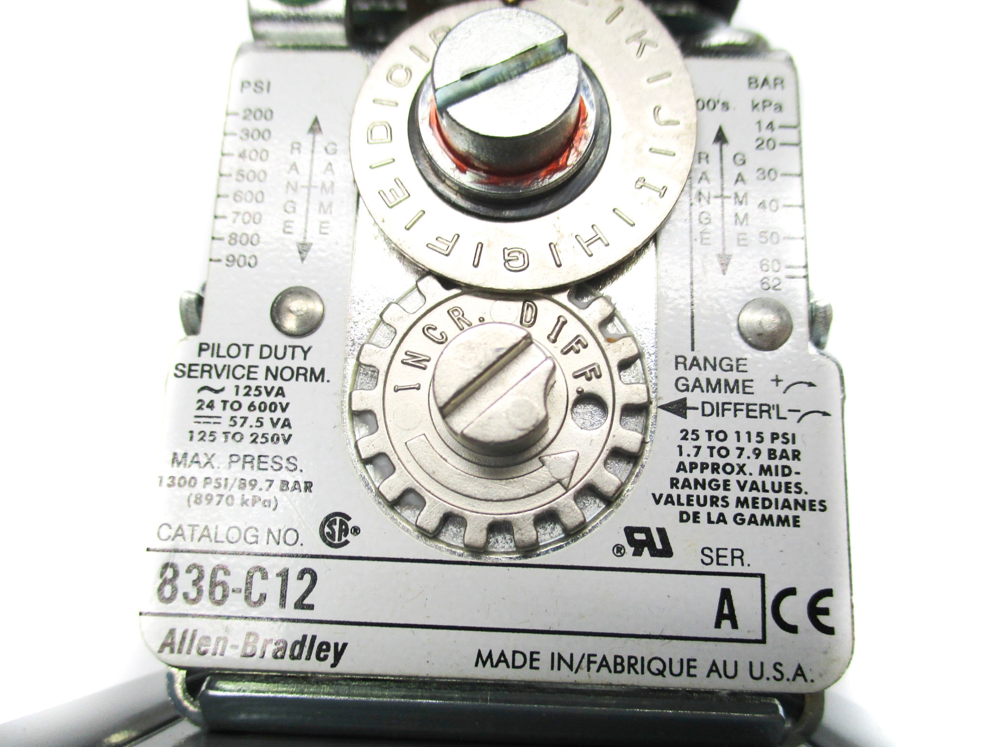 ALLEN BRADLEY 836-C12 SER. A 24-600V 200-900PSI (BR/WH) (AS PICTURED) NSMP