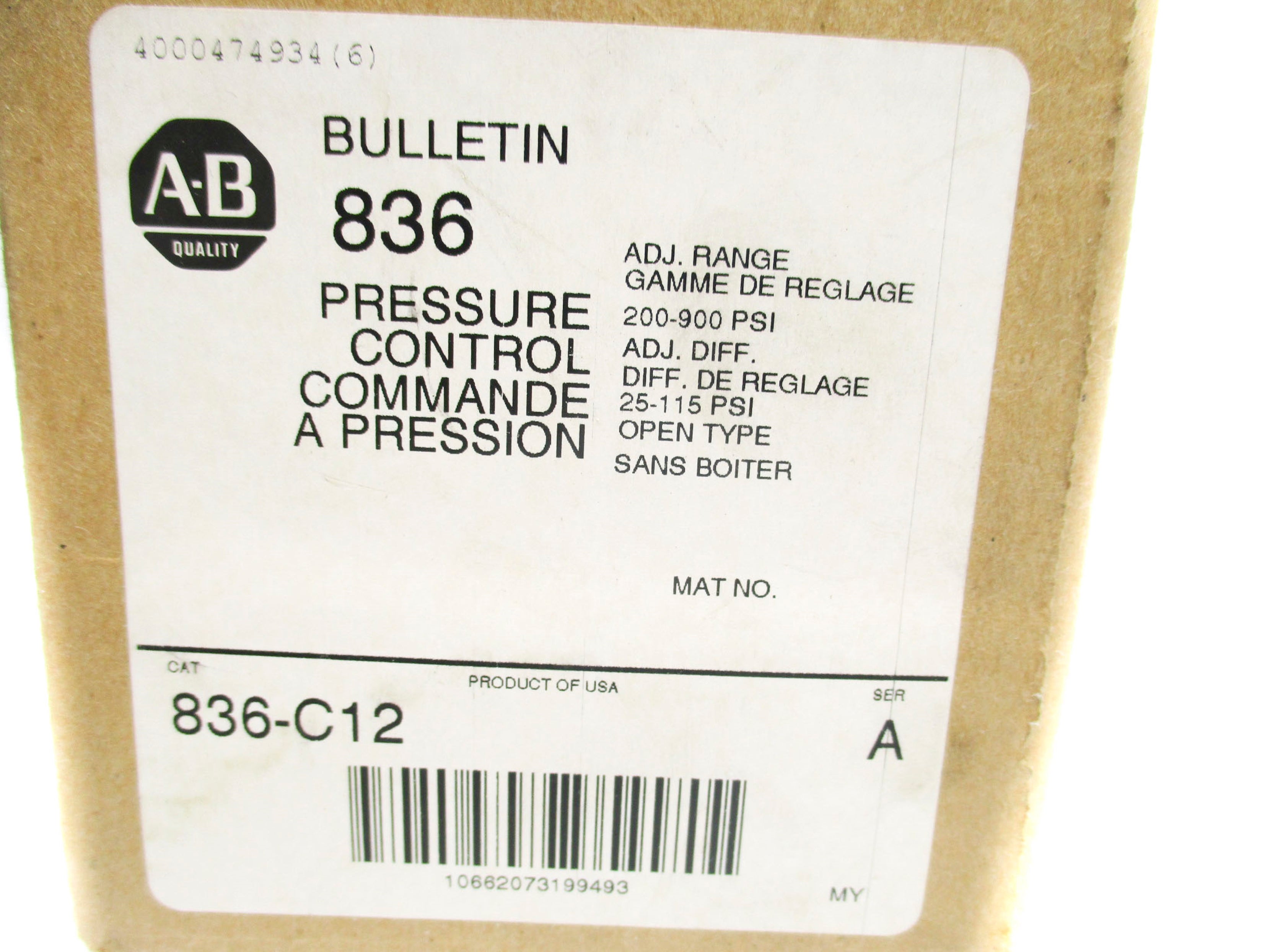 ALLEN BRADLEY 836-C12 SER. A 24-600V 200-900PSI (BR/WH) (AS PICTURED) NSMP