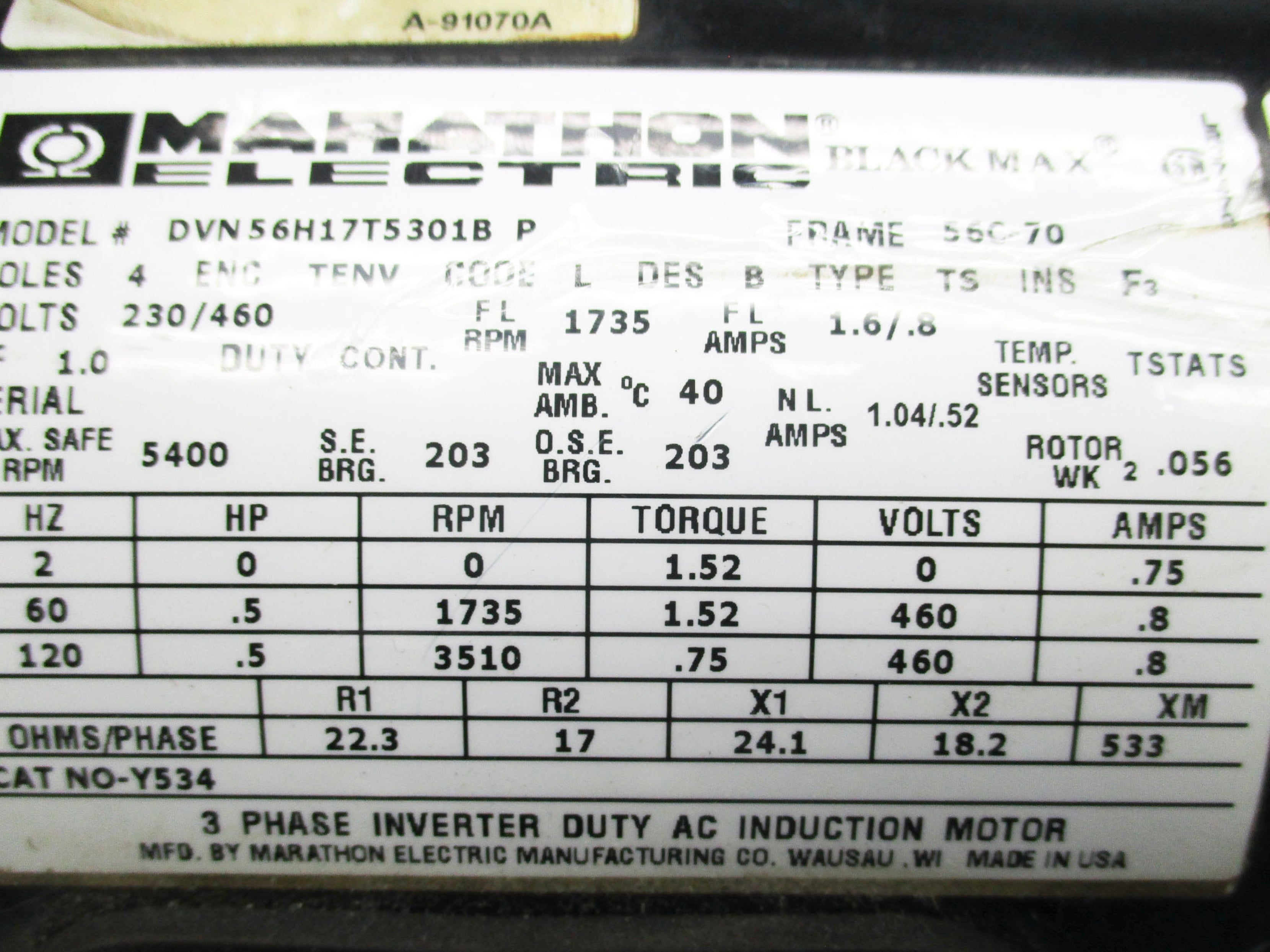 MARATHON ELECTTRIC Y534 DVN56H17T5301B UNMP