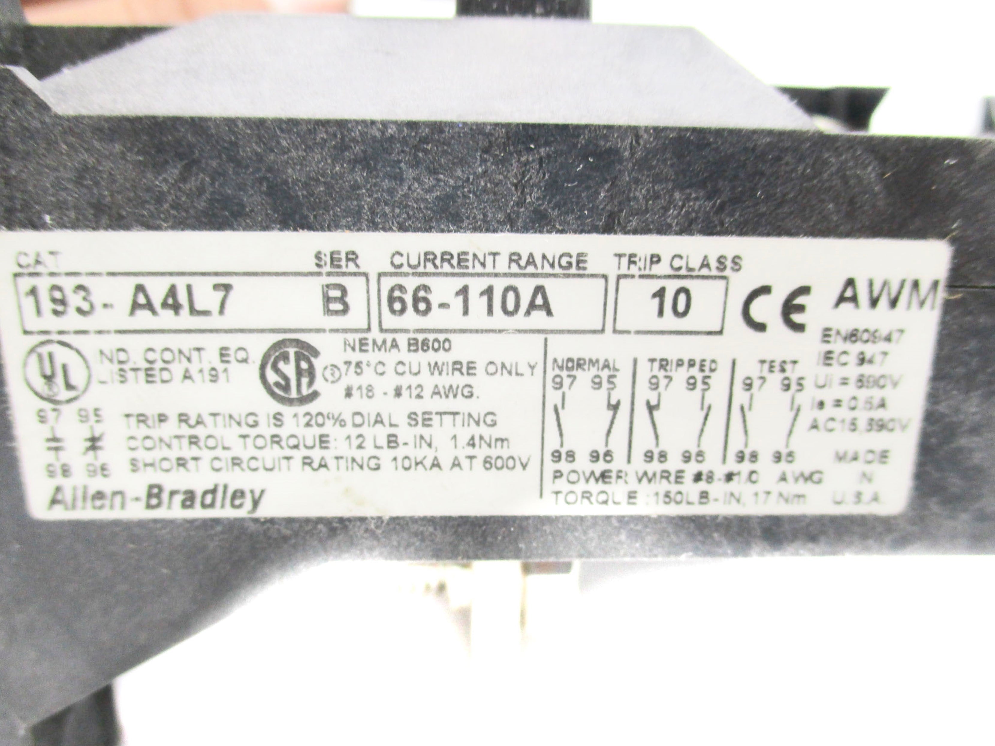 ALLEN BRADLEY 193-A4L7 SER. B 66-110A (AS PICTURED) NSNP