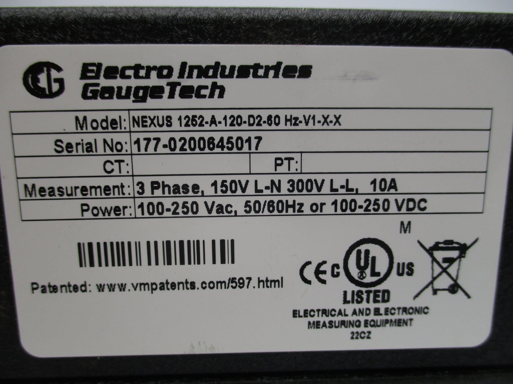 ELECTRO INDUSTRIAL GAUGE TECH. NEXUS1252-A-120-D2-60HZ-V1-X-X (AS PICTURED) UNMP