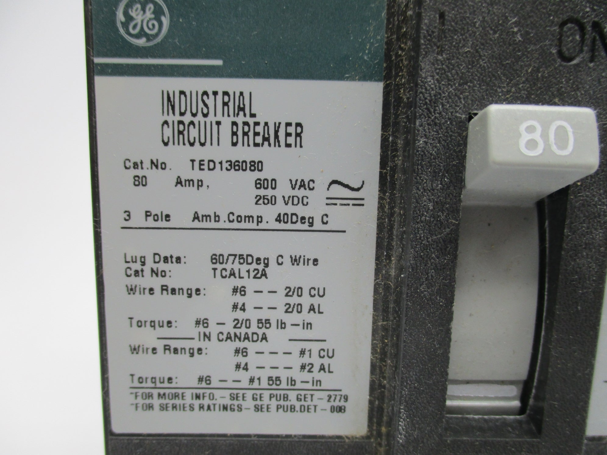 GENERAL ELECTRIC TED136080 80A 600VAC (GREEN) NSMP